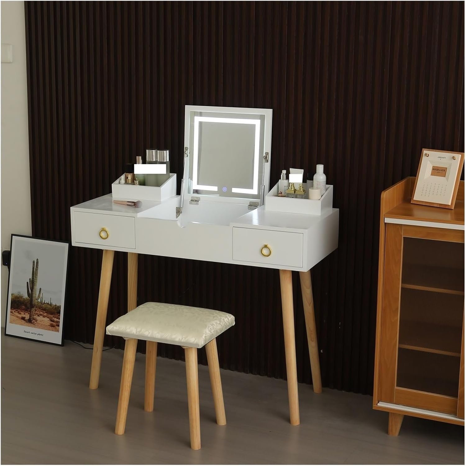 Vanity Desk Set with LED Lighted Mirror & Power Outlet, Flip Top Makeup Vanity Table with Drawers & Cabinet