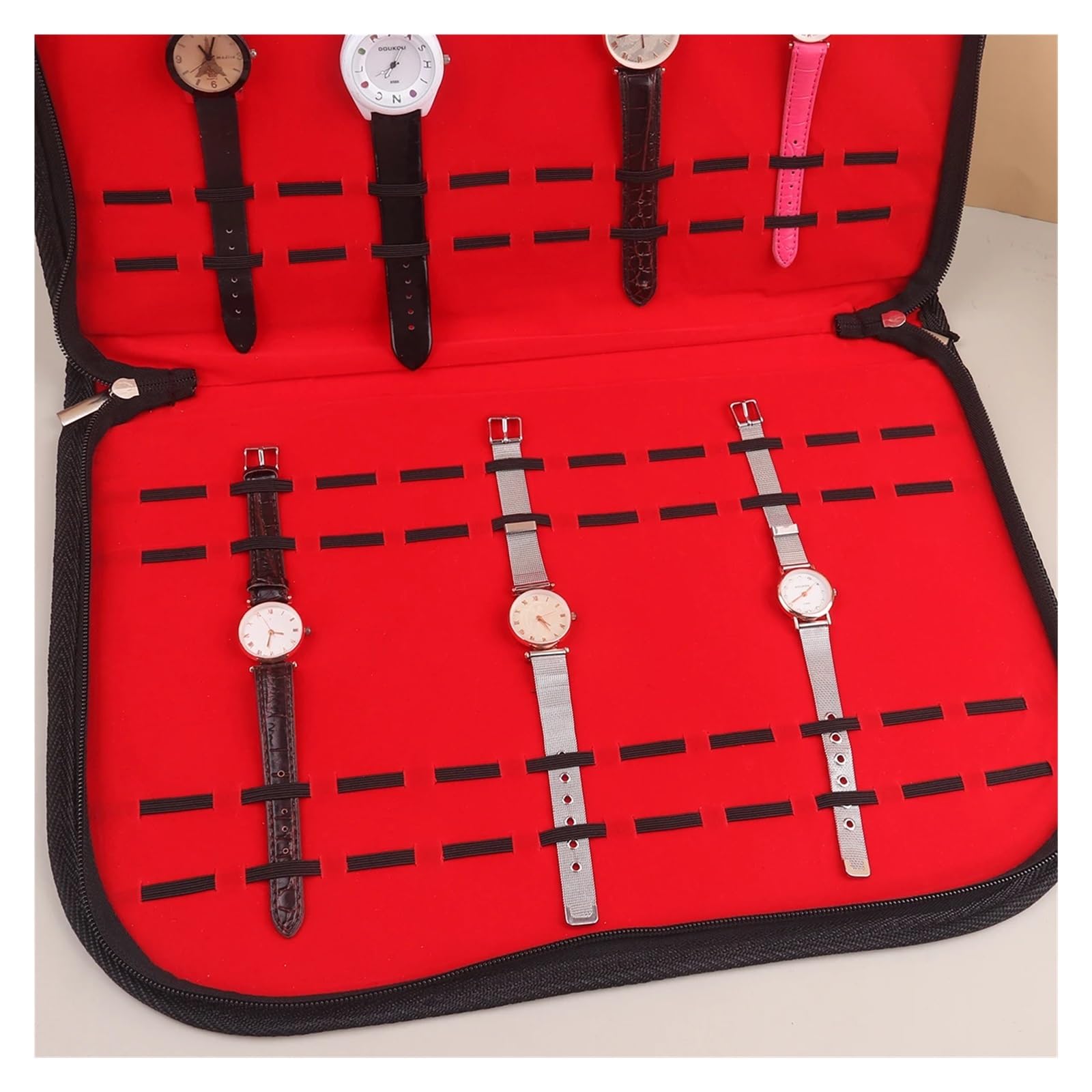 Multifunktionaler tragbarer Uhrenarmband-Organizer, Reiseetui for Uhren aus Leder und Flanell, Schwarz/Rot, tragbares Uhrenetui for die Reise zur Aufbewahrung von Uhren