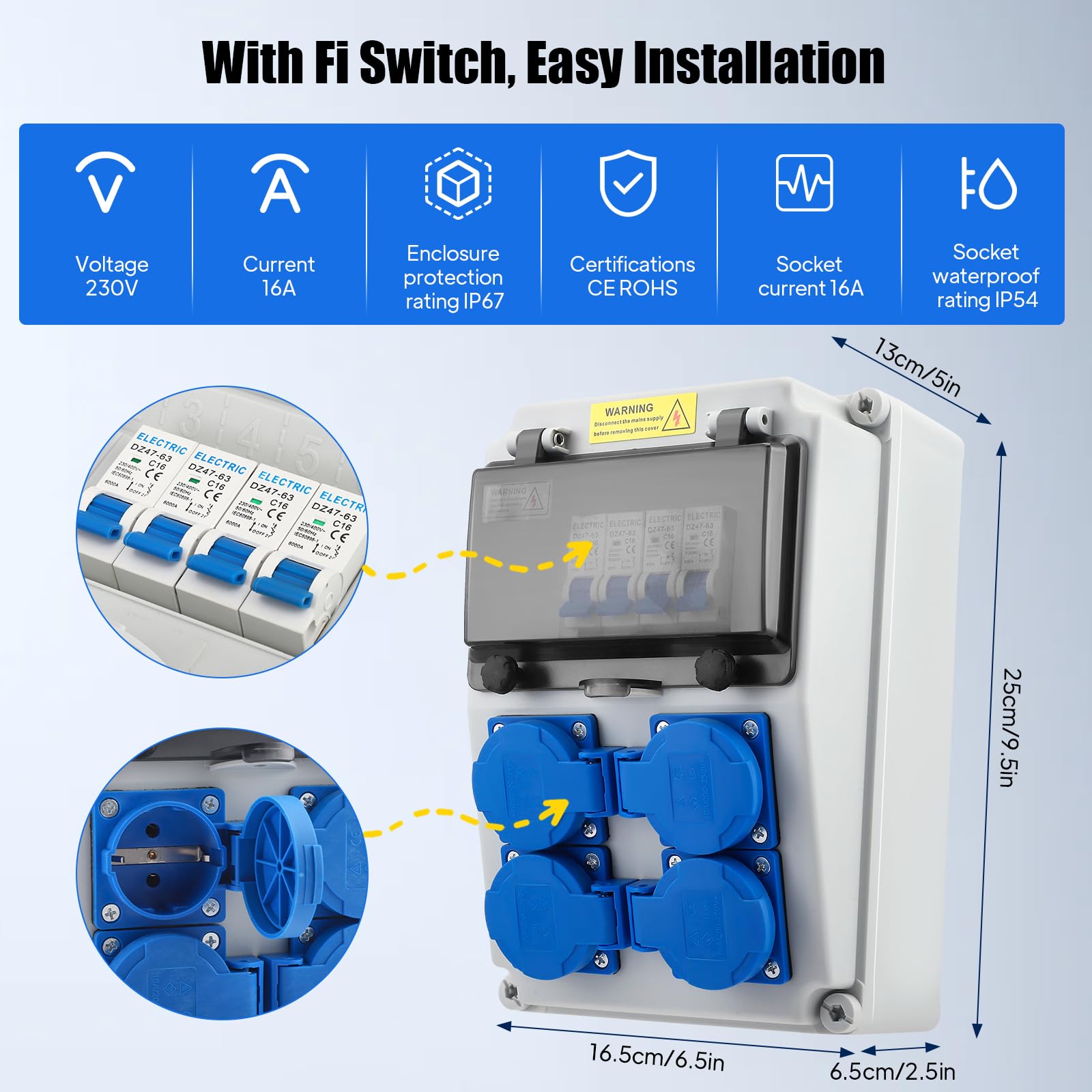 Scatola di Distribuzione Elettrica da Cantiere 16A, Scatola di Distribuzione a Parete 230V, Distributore di Corrente da Costruzione con 4 Prese Schuko con Interruttore per Cantieri Interni ed Esterni
