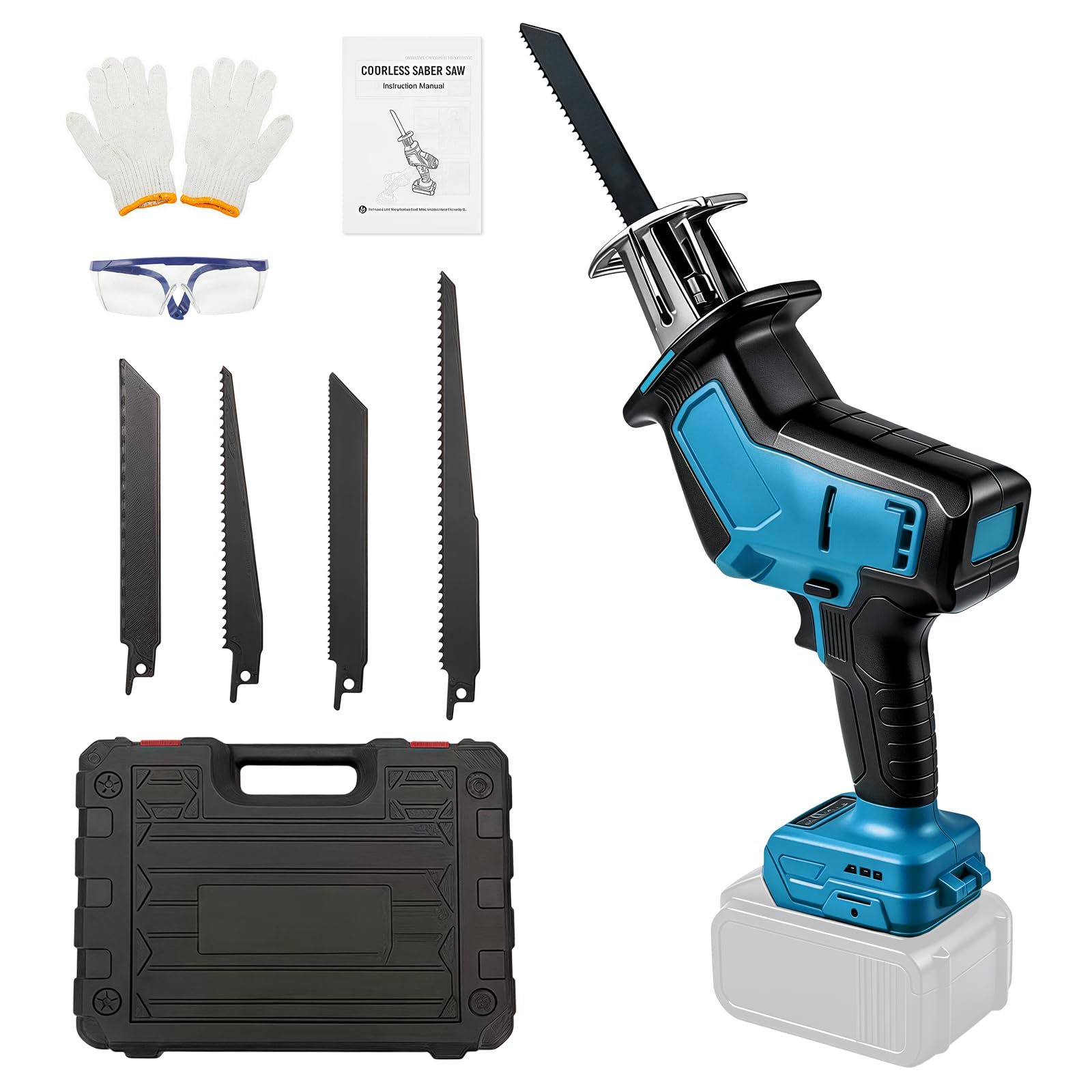Sierra de sable con batería, compatible con batería Makita de 18 V (sin batería), 4000 SPM sin escobillas con 4 hojas de sierra y maletín de plástico, para cortar madera y PVC