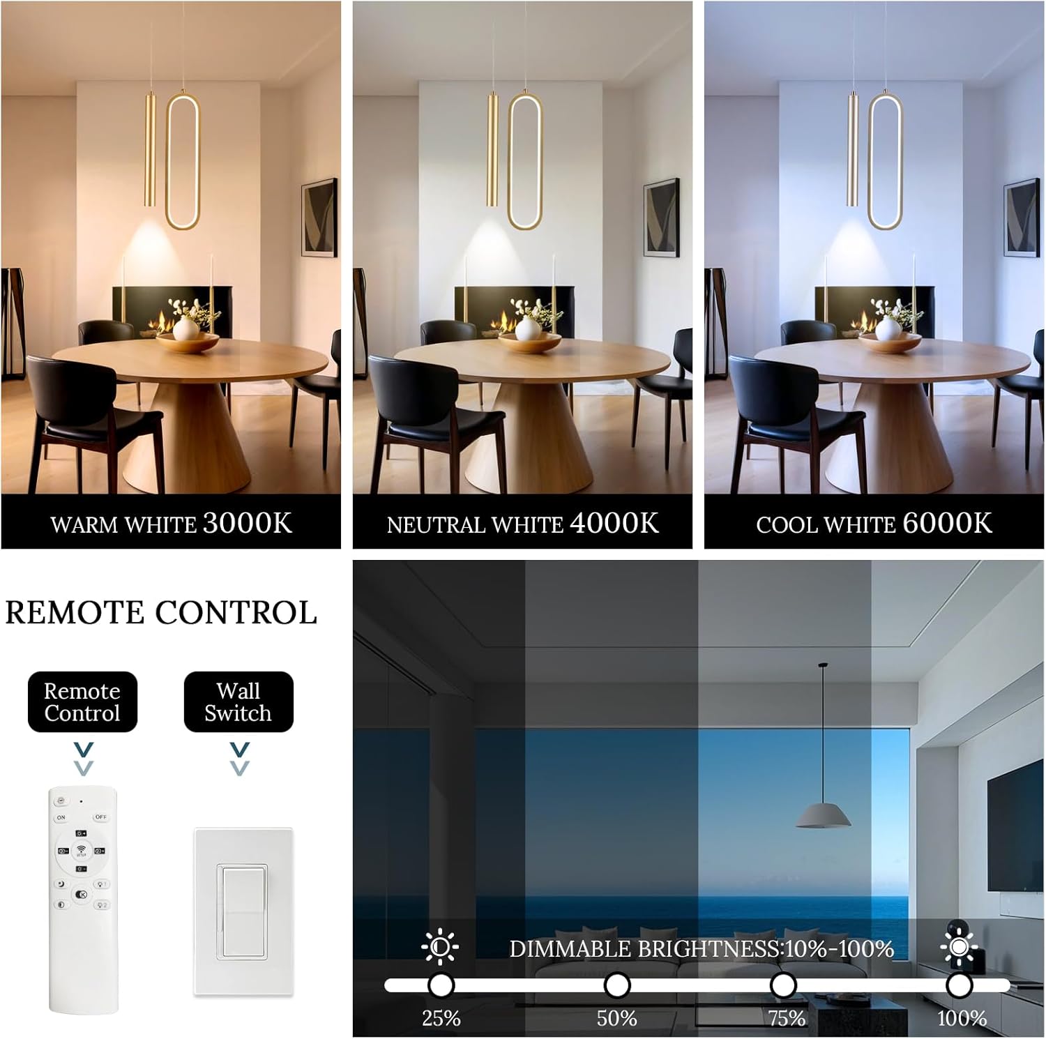 Gold Modern Mini LED Pendant Light with Remote Control, 24W 3-Color Temp Stepless Dimmable Ceiling Hanging Light for Bedroom Kitchen Island Dining Room Foyer Entryway