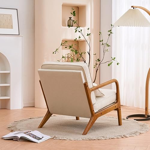 Vista 14 de Silla decorativa con respaldo medio, respaldo inclinado, cómodo cojín extraíble, asiento tapizado, sillón de mediados de siglo, sillón de ocio