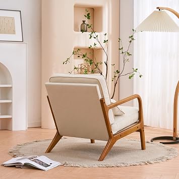 Mid Century Modern Accent Chair, Living Room Chair Single Fabric Lounge Reading Armchair with Solid Wood Frame, Easy Assembly Arm Chairs for Living Room Bedroom (Beige)