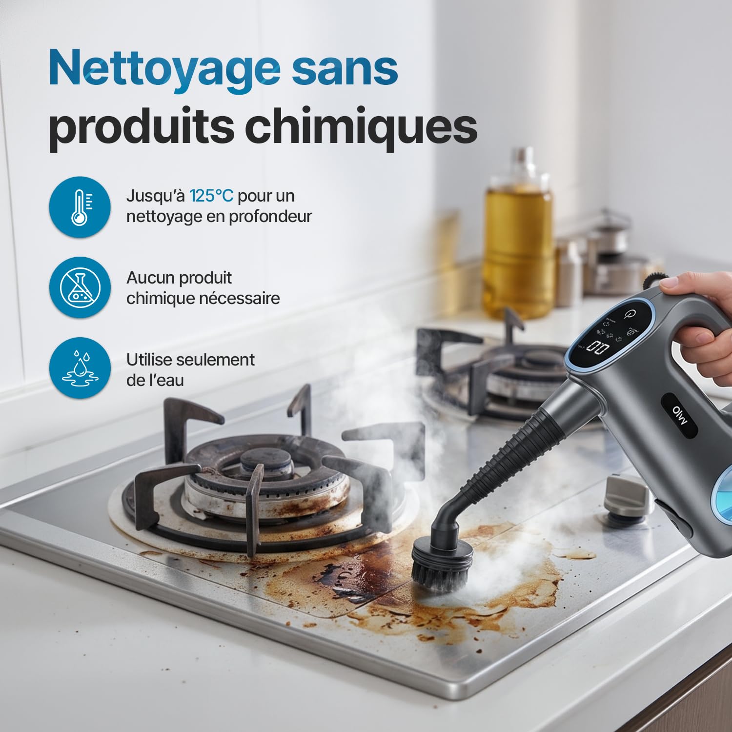 Olvy Nettoyeur Vapeur à Main 1200W Haute Pression Portable avec 3 Niveaux de Vapeur et Kit 10 Accessoires, Réservoir 400ml, pour Maison Carrelage Canapé Cuisine et Bain
