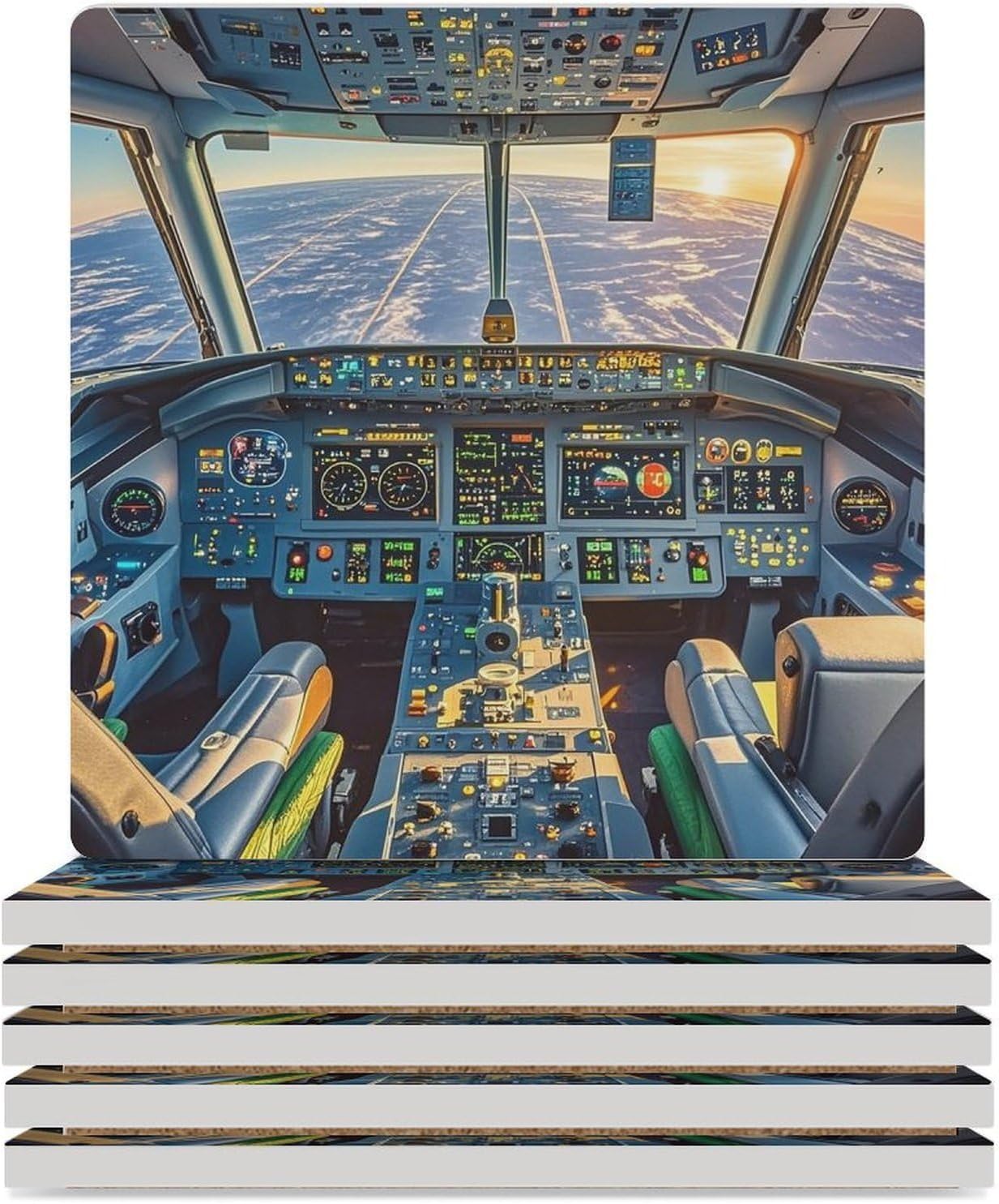 Airplane Cockpit and Sunrise Coasters Absorbent Ceramic Coasters for Drinks Coaster with Cork Backing for Table Protection Square Drink Cup Mat Modern Style Coaster for Coffee Table