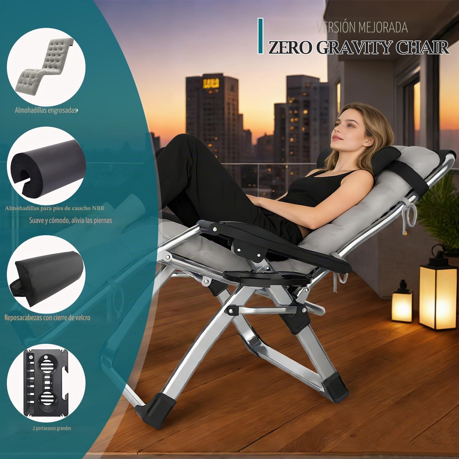 Fiutazge Tumbonas Jardín Exterior de 72cm,Silla de Jardín,Tumbona Plegable con Respaldo Ajustable,Cojín,Reposacabezas,Portavasos,Ergonómico Tumbona de Relax para Camping y Balcón,Gris