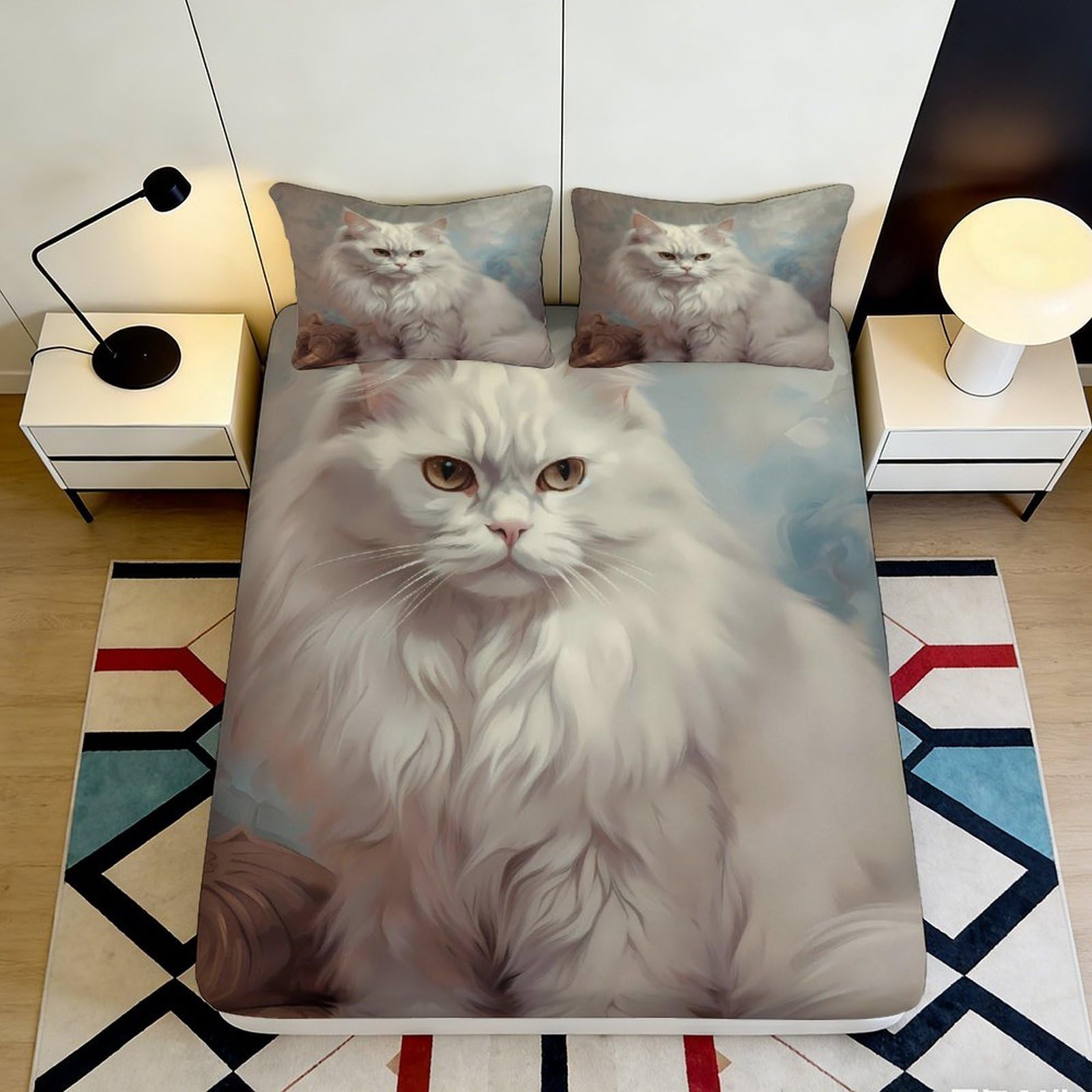 3D Printed White Persian Cat Fitted Sheet Microfiber Soft Anti-Slip Mattress Cover for Bedroom Dorm Decor 180x200x25cm