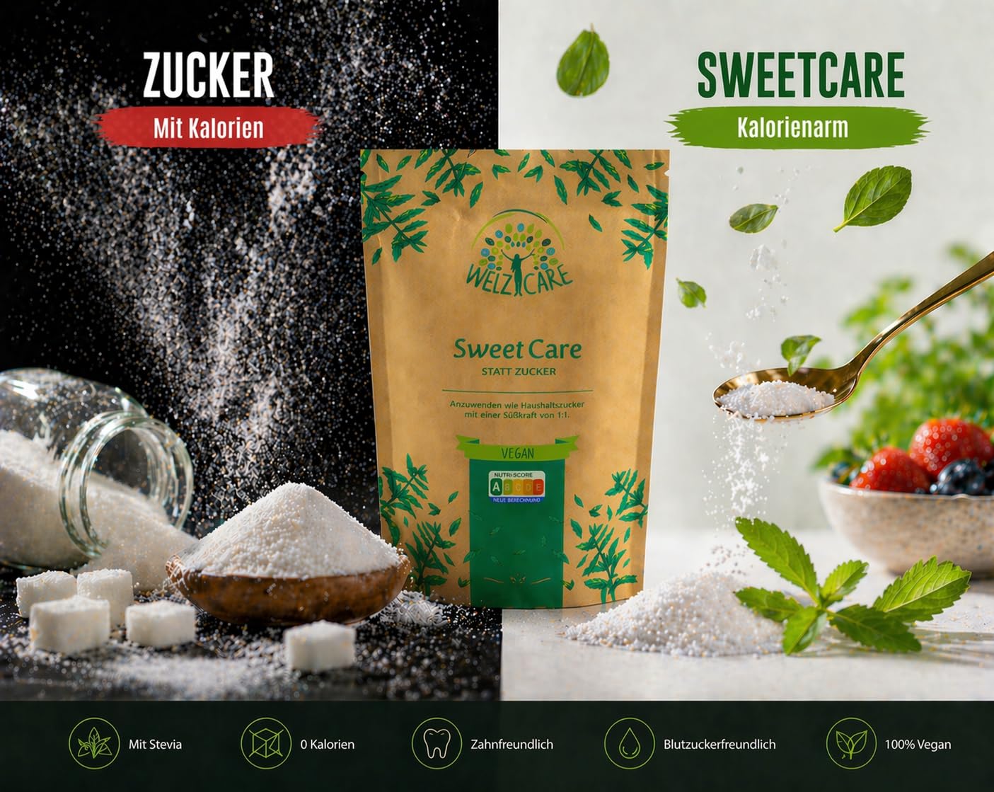 SweetCare statt Kristallzucker – Zuckerersatz – Vegan – mit Erythritol und Stevia – Made in EU - 1 x 1Kg