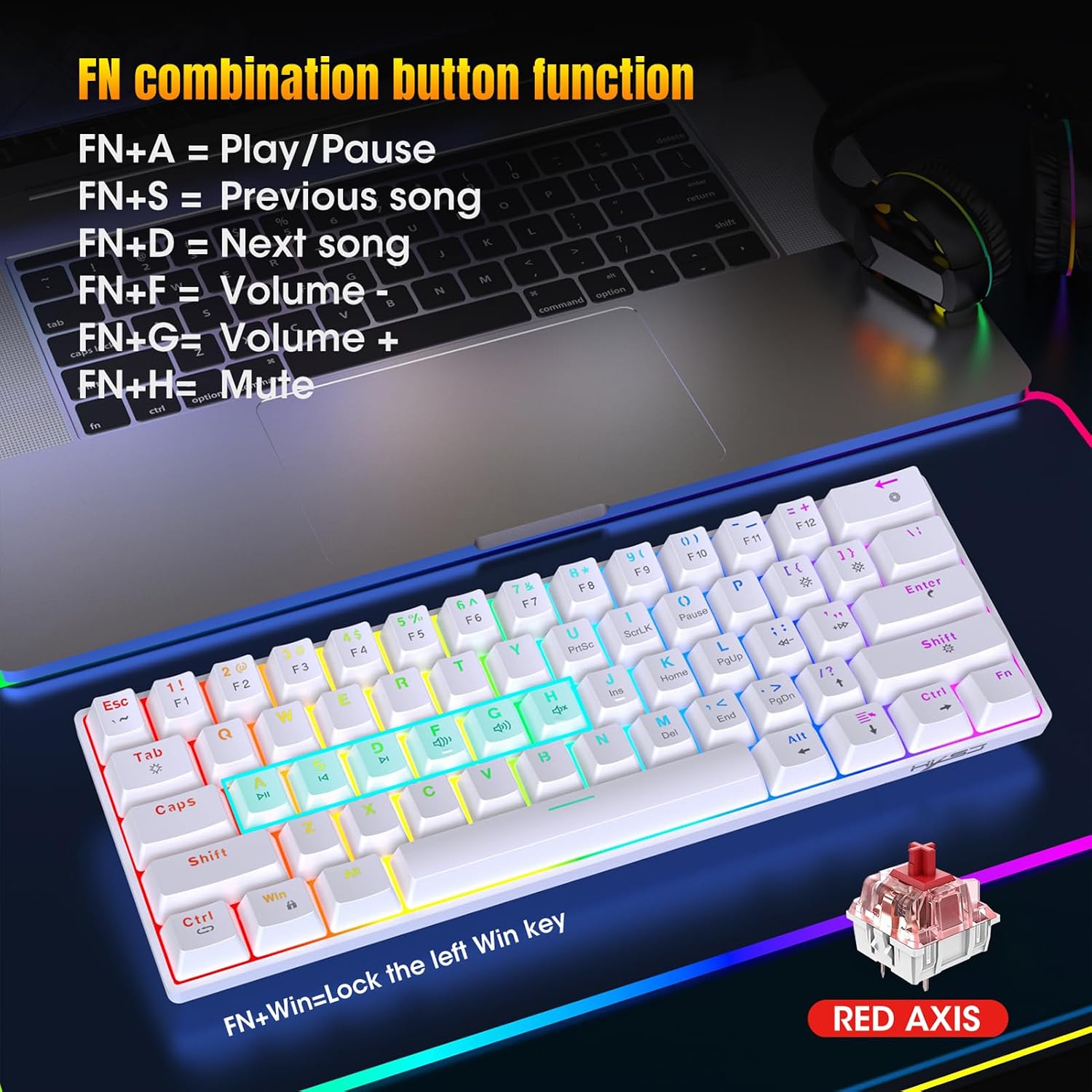 Keyboard layout showing FN key combinations for multimedia functions