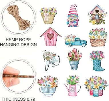 GWAWG Wooden Spring Decoration, Hanging Ornaments with Tulips, Gnomes, Umbrellas, Décor for Branches, Windows, Doors, Gardens, Easter, Mother's Day Summer Garden Décor 12pcs