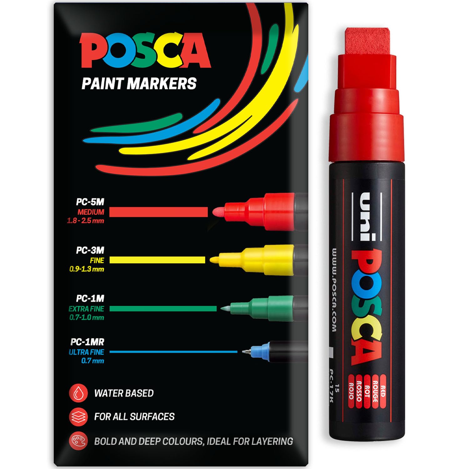 Posca Water Based Acrylic Paint Marker Pens | Multi Surface Use Permanent Paint Pen | Pack of 1 in Envelope Gift Packaging | Glass, Fabric, Wood etc | XXL Chisel Tip PC-17K, Red