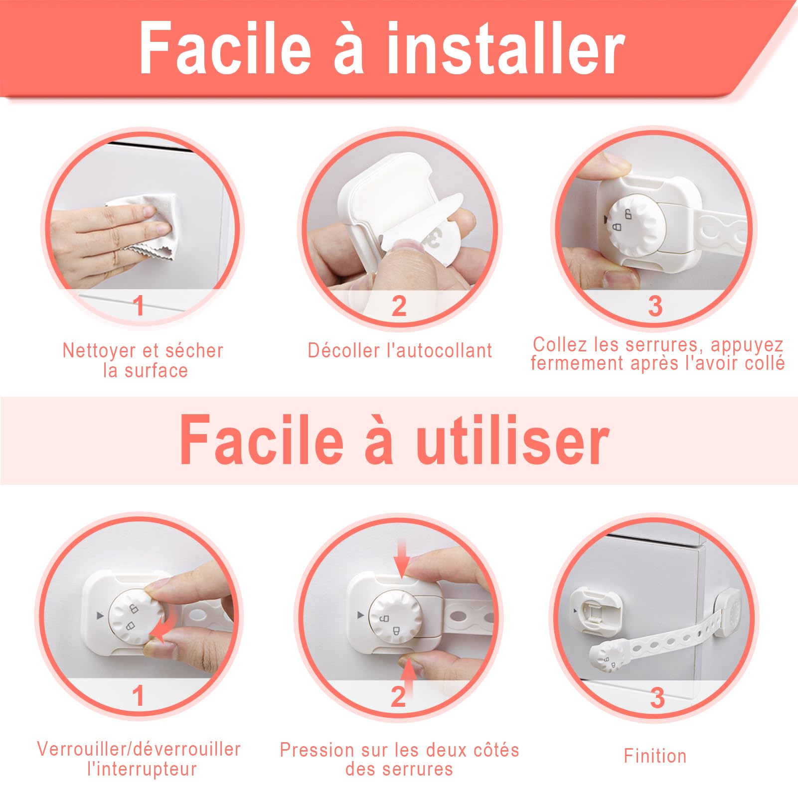 REDTRON Lot de 6 Bloque tiroir sécurité enfant bébé, Verrouillage amélioré, Blanc, sans outil pour tiroir four toilettes réfrigérateur