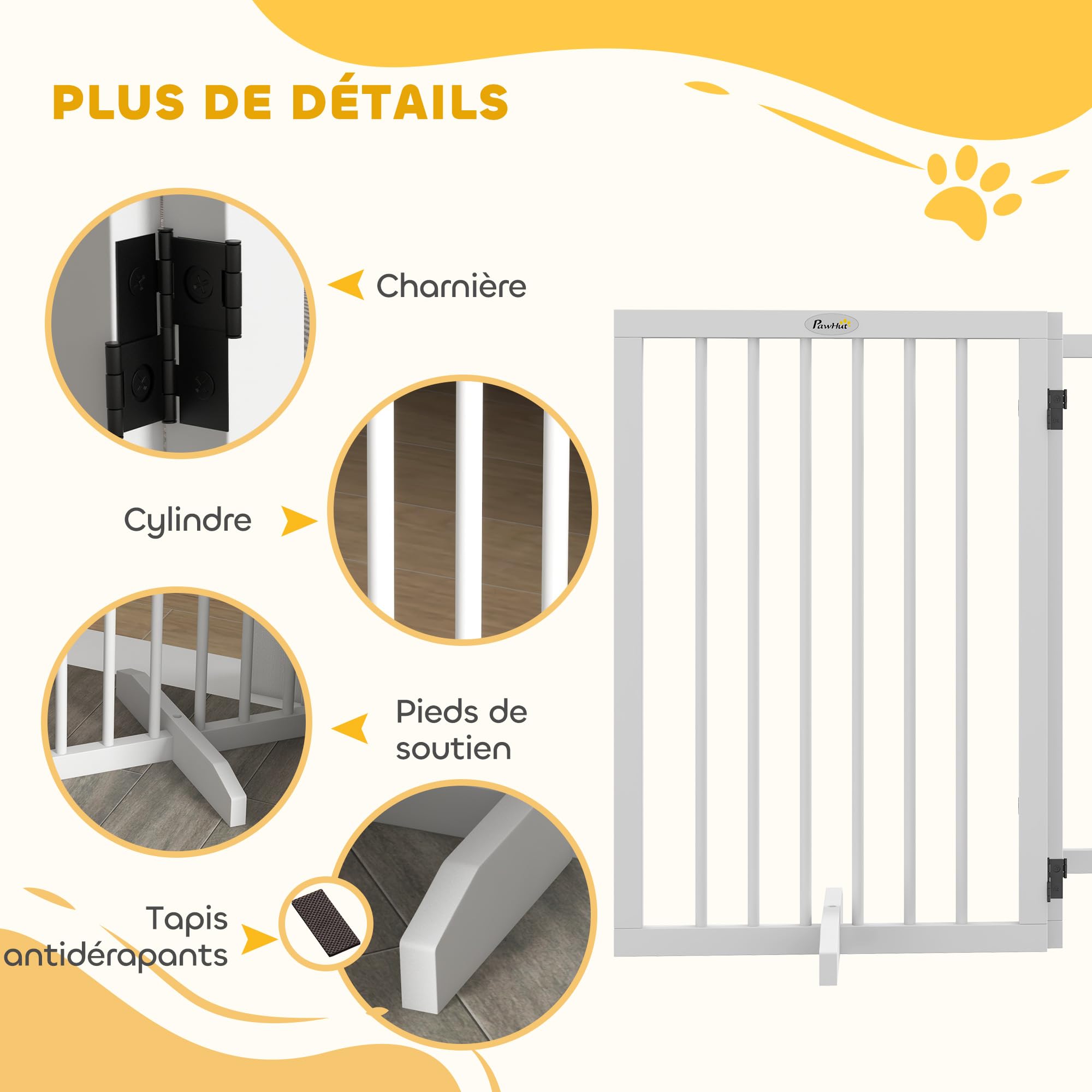 PawHut - Barrera de seguridad para perros (4 paneles, 206 x 35,5 x 76 cm), color blanco | Barrera de Protección Modular Plegable, Barrera para Animales de Madera, Pies de Soporte
