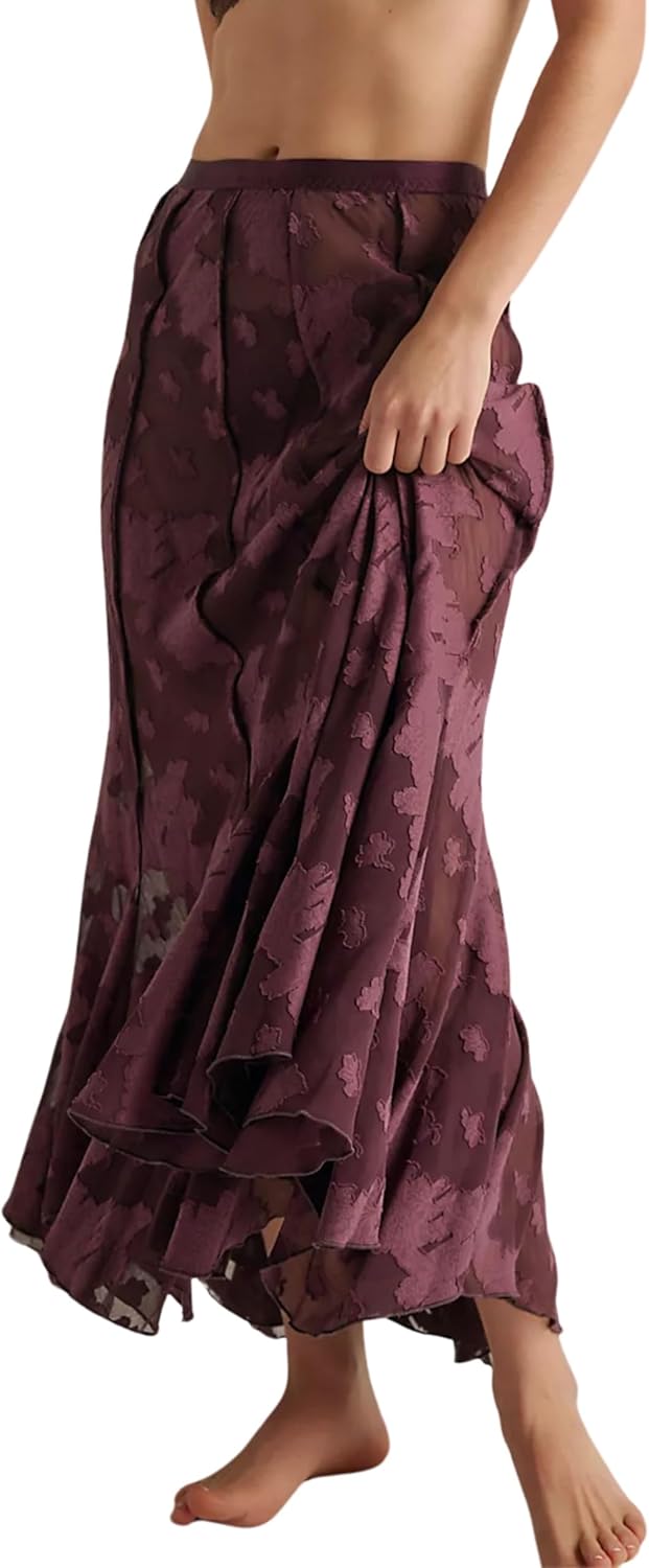 Women Lace See Through Long Skirts Semi Sheer Jacquard High Waist Half Slip Flowy Maxi Skirt for Beach
