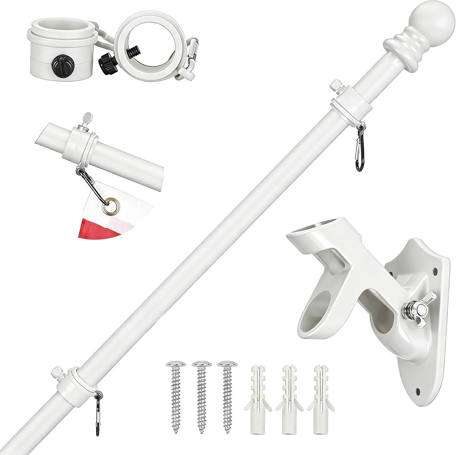 Hoffen 6 FT Stainless Steel Flag Pole Kit for Outside House with Upgraded Bracket, Tangle Free American Flag Pole for Residential or Commercial, White