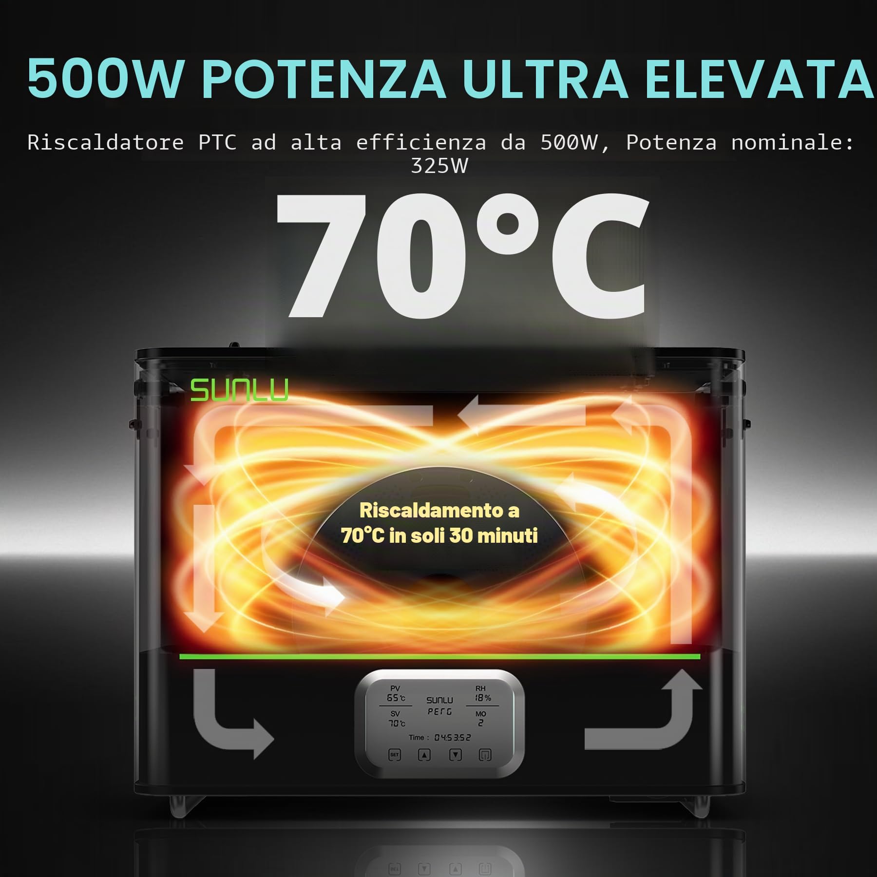 SUNLU Essiccatore Filamenti Ufficiale E2, 110°C Max, Riscaldatore PTC 500W, Essiccazione e Ricottura 2-in-1, Doppia Camera per Filamenti Professionali PC PA-CF FR-ABS (Nero)