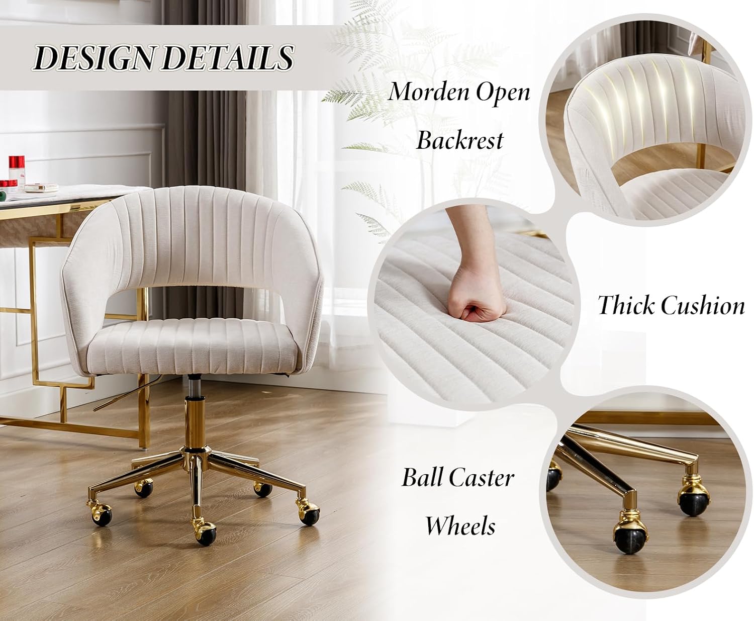 Ya-Home Chenille Home Office Chair Modern Swivel Vanity Chair with Height Adjustable for Adults Teens Bedroom, Beige image 4