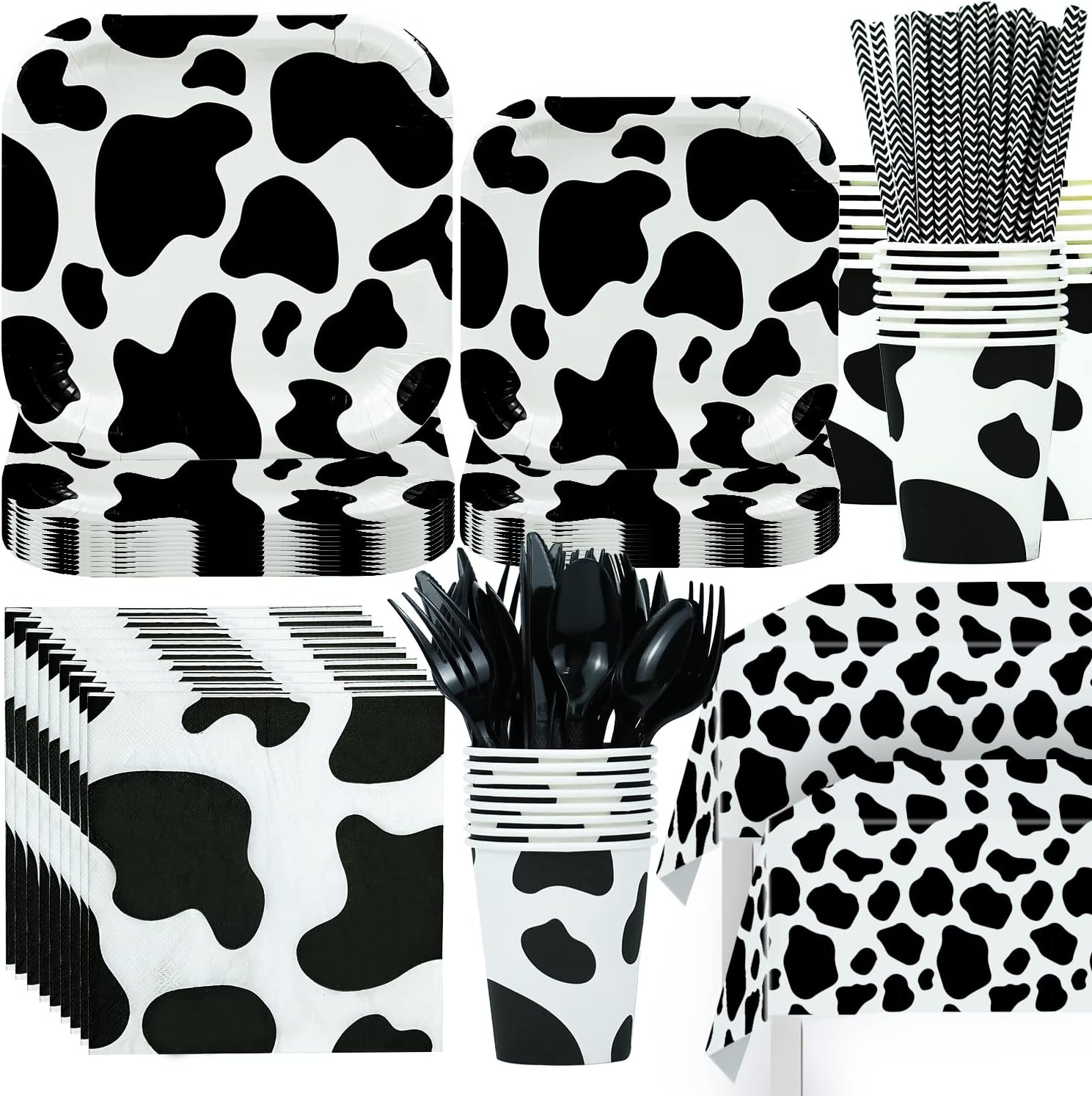 Cow Birthday Party Supplies Tableware - Cow Print Party Supplies Decorations Include Plates, Cups, Napkins, Cutlery, Tablecloth, Straws, Cow Farm Theme Party Decorations Dinnerware | 24