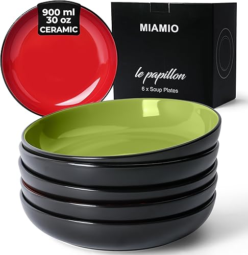 MIAMIO Juego de 6 cuencos para pastaensalada de 30 onzas 8.5 pulgadas, platos de pasta anchos y poco profundos, platos grandes de cerámica profunda
