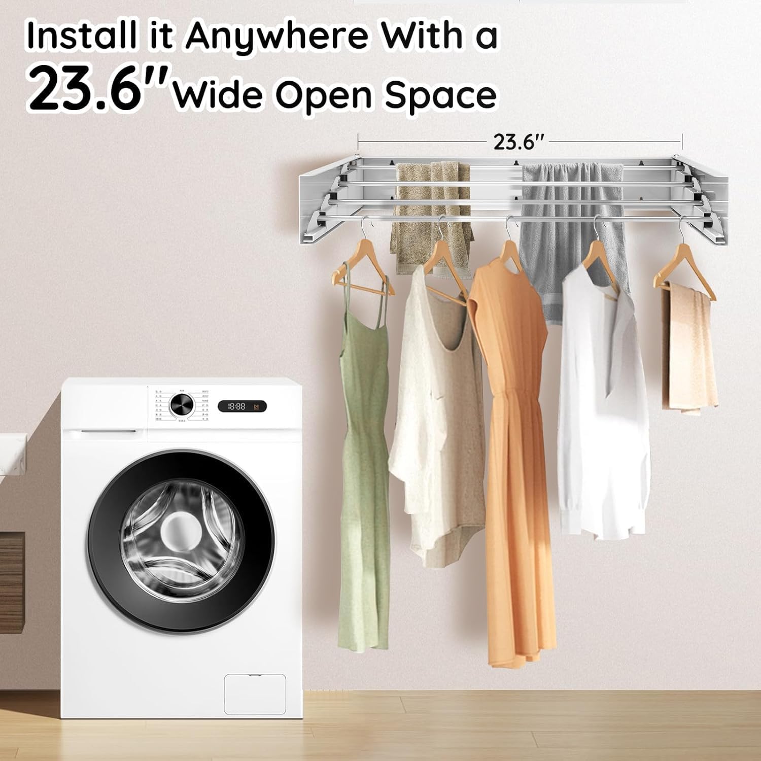 Laundry Drying Rack Collapsible,Wall Mounted Clothes Drying Rack Foldable,Indoor Drying Rack Clothing- 23.6"" Wide 4 Aluminum Rods 60lb Capacity with Wall Template,Screw,Drill Bit