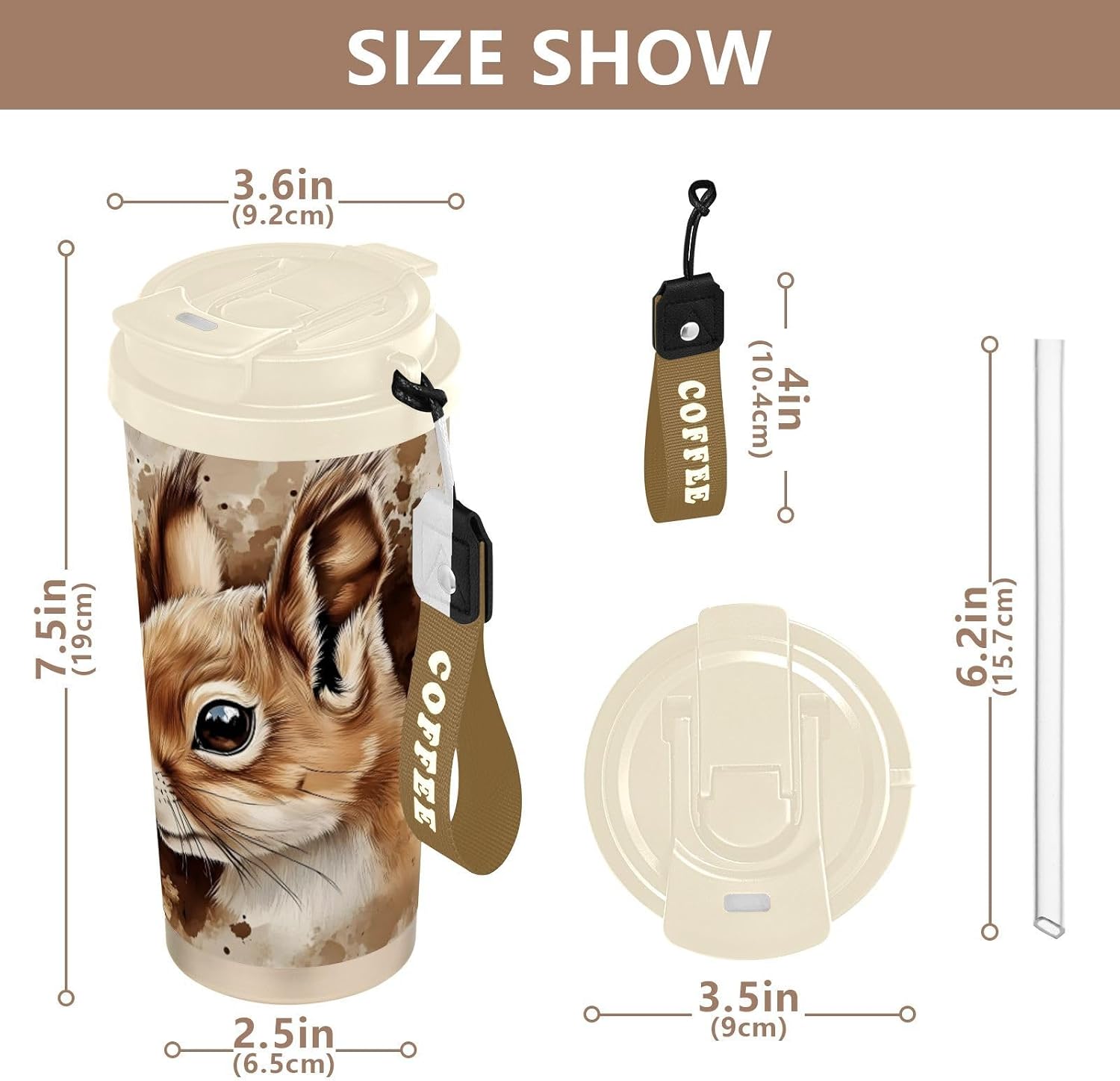 Insulated Coffee Mug Squirrel Art Vintage with Straw & Flip Lid, 16.9oz Iced Tumbler Cup, Double Wall Vacuum Mug for Travel Office Camping