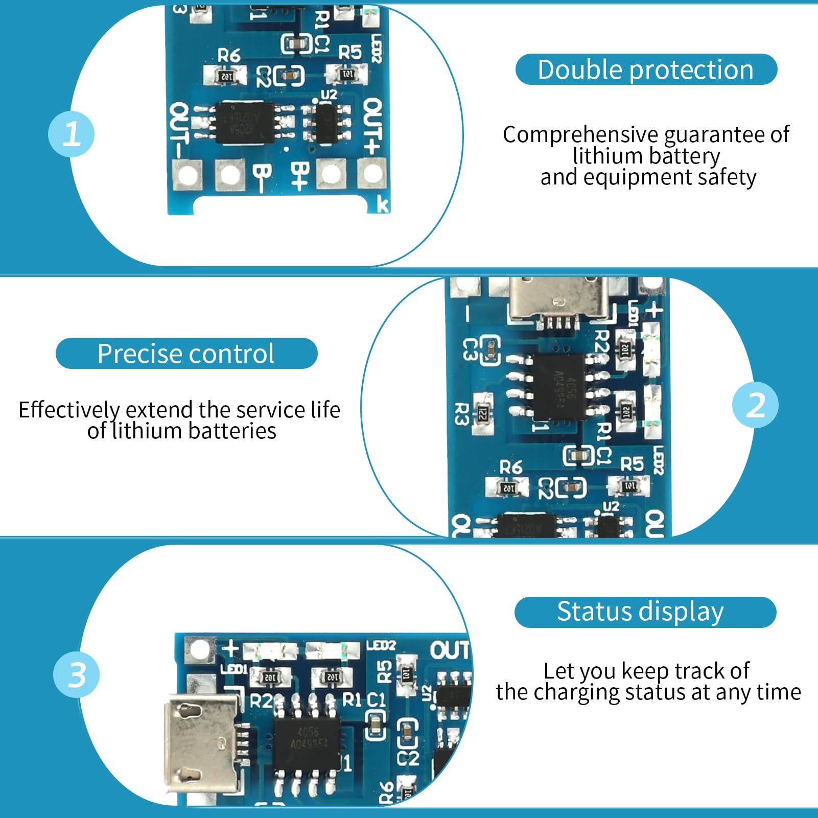 10 sztuk modułu ładowarki litowo-jonowej USB 5V 1A typu C, 6 sztuk uchwytów na baterie 3,7V z kablami podłączeniowymi, jednoszynowa płyta ładująca i podwójne funkcje ochronne (10 sztuk Micro USB +