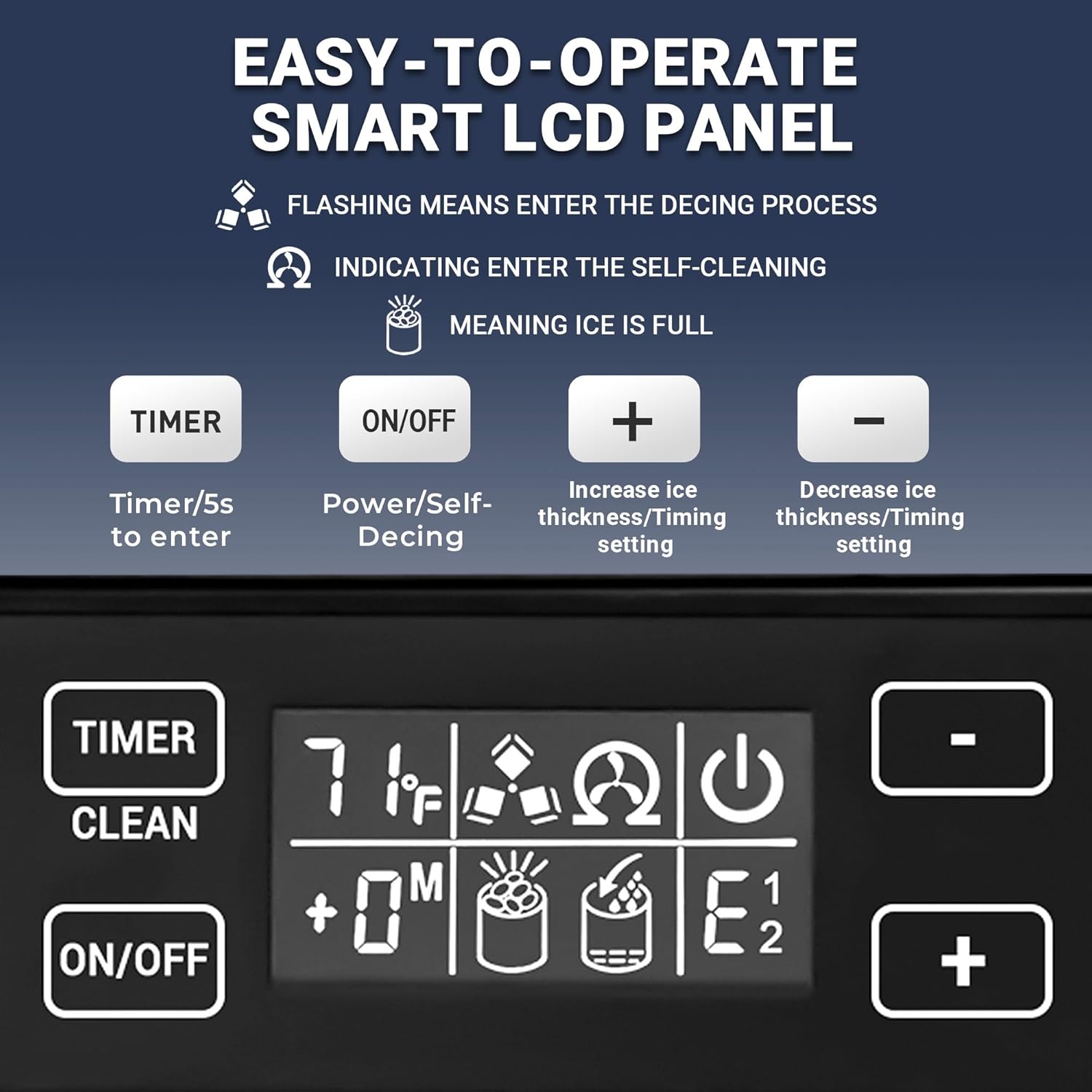 Close-up of the ice maker's LCD control panel with buttons and indicators