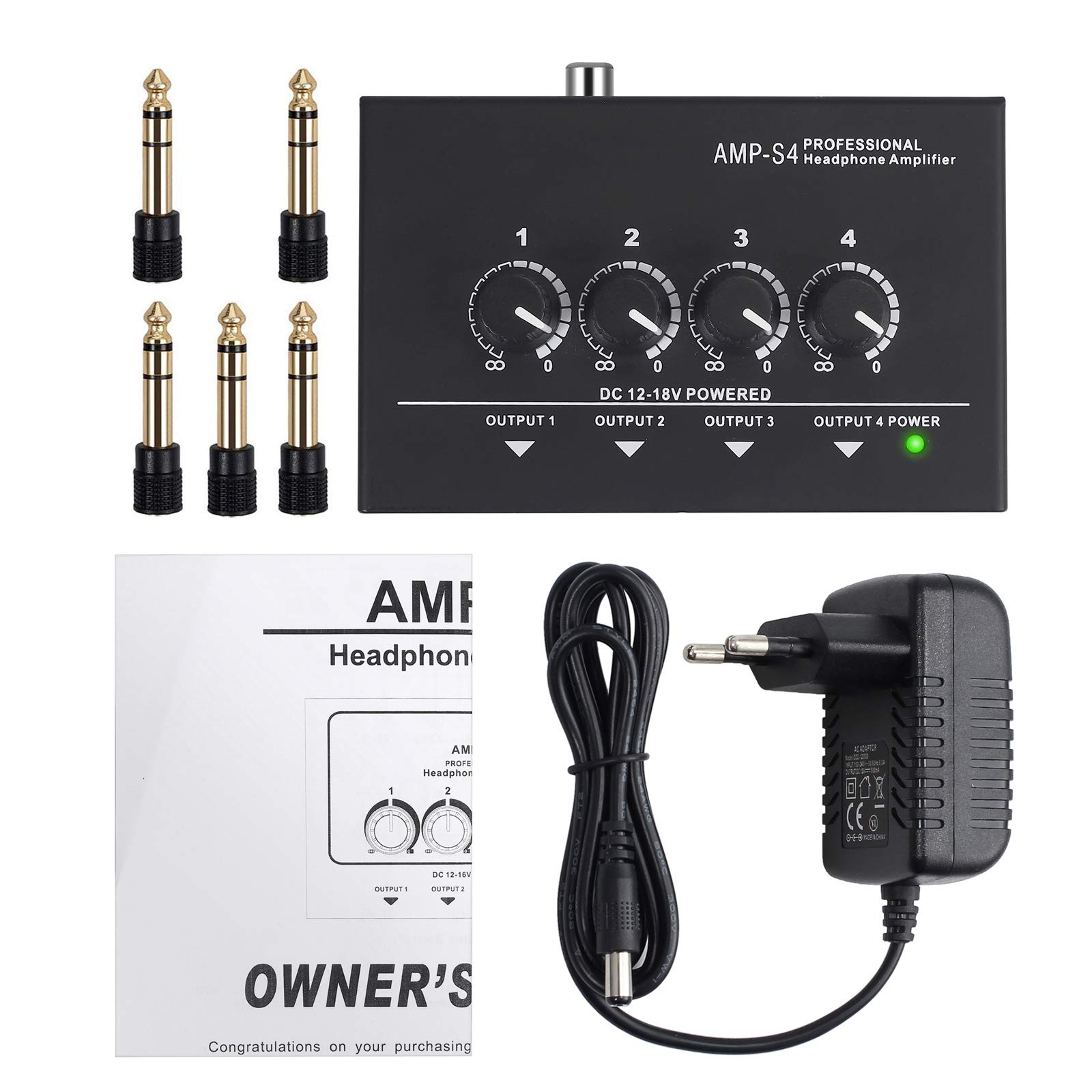Neoteck Amplificador de Auriculares Estéreo Portátil 4 Canales Divisor Multicanal Jack de Auriculares TRS y Entrada de Audio TRS para Mezclador de Sonido con 5 Piezas de Adaptador 6.35mm to 3.5mm
