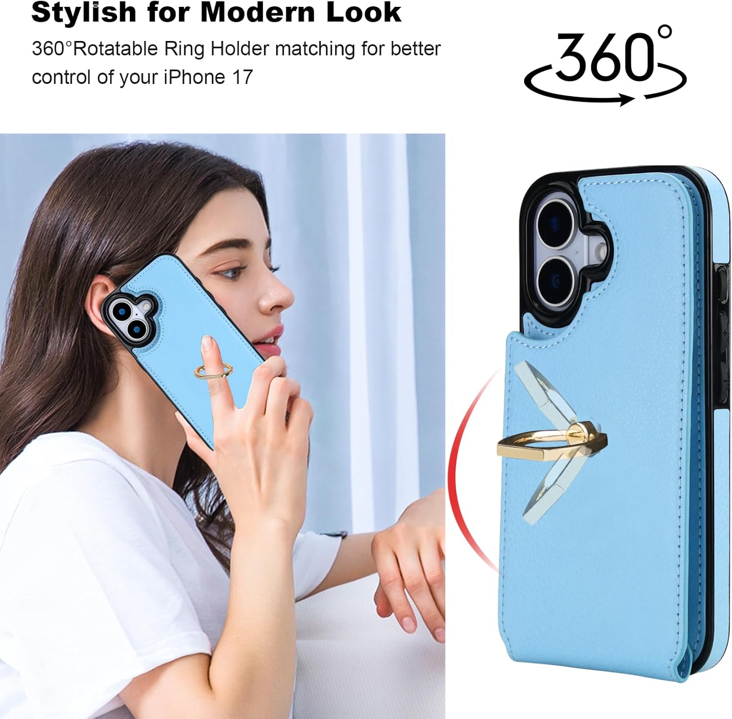 Folosu Compatible with iPhone 17 Case Wallet with Card Holder, 360°Rotation Finger Ring Holder Kickstand, RFID Blocking Leather Protective Double Buttons Shockproof Cover 6.3 Inch Blue
