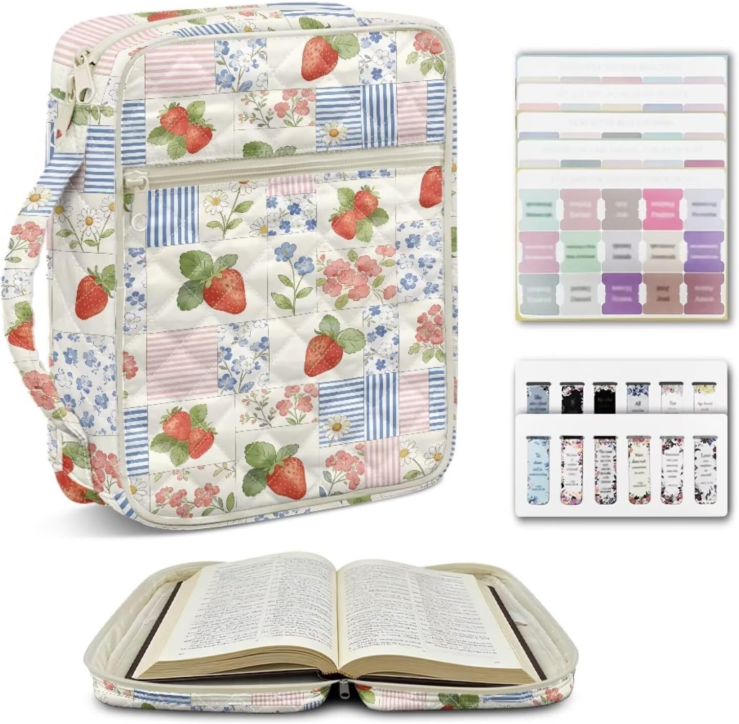 Bible Cover Case for Women Pink Blue Floral Bible Bible Study Supplies with Tabs, Strawberry Large Bible Bag Quilted with Zipper Handle, Bible Covers for Church Study Travel Gift