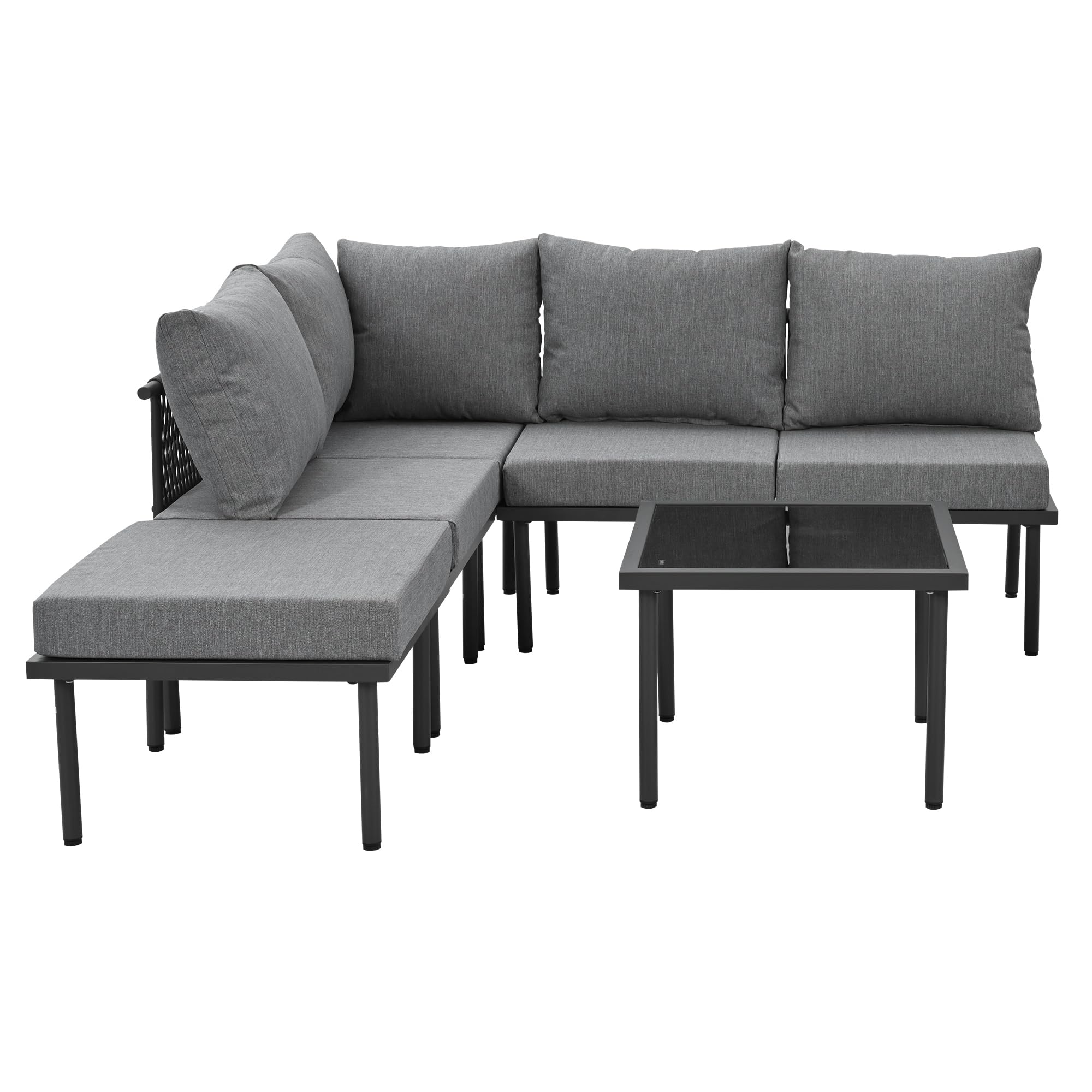 Merax Gartenmöbel Set mit 6 Sitzplätze, Outdoor Sitzgruppe mit Glas Couchtisch, Terrassenmöbel mit abnehmbar und waschbar Kissen für Garten, Terrasse, Gartenlounge Set, Grau