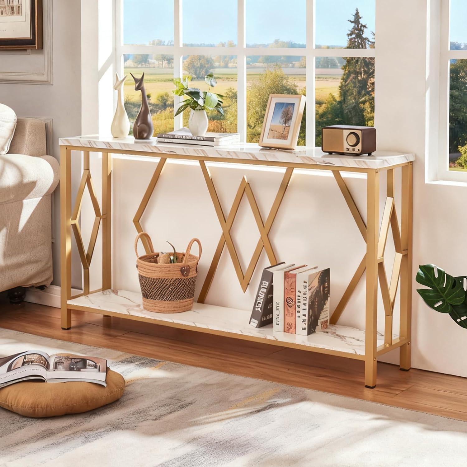 HOMISSUE Gold Entryway Console Table, Modern Sofa Table with Faux Marbled Tabletop, Engineered Wood Entryway Tables with 2 Tier Storage, Long Sofa Table for Living Room, Hallway (55 Inch, White&Gold)