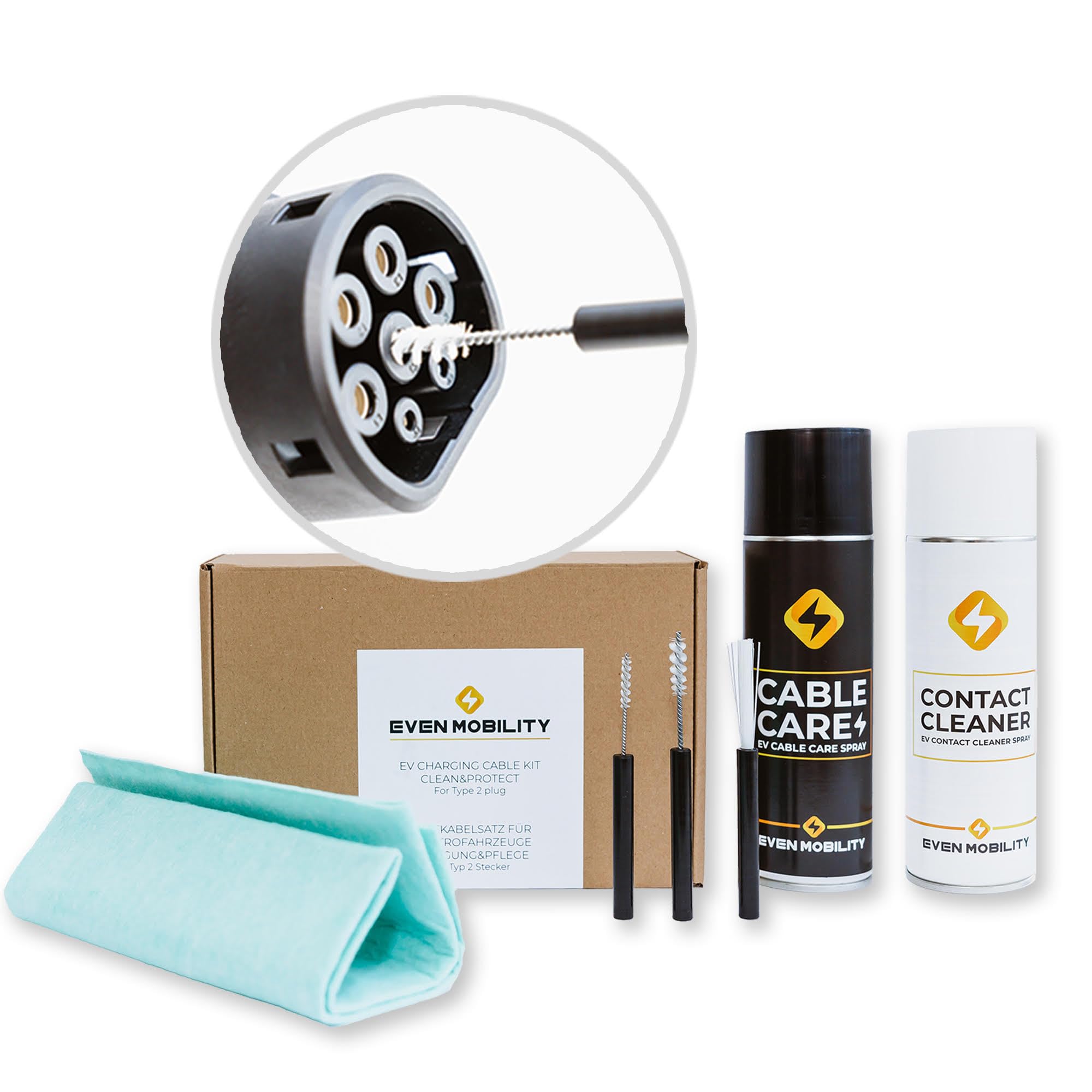 Kit de Nettoyage pour câble de Charge VE et connecteur Type 2 Spray d'entretien des CÂBLES, Spray DE Nettoyage des Contacts, Brosse en Nylon, Chiffon en Microfibre