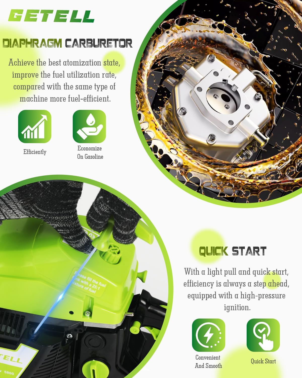 Gas Powered Chainsaw with 20 and 18 Inch Bar Dual System, 58cc 3.6 HP Professional 2-Stroke Engine, Easy Start and Anti-Vibration for Farm Ranch or Heavy Duty Wood Cutting (Green)