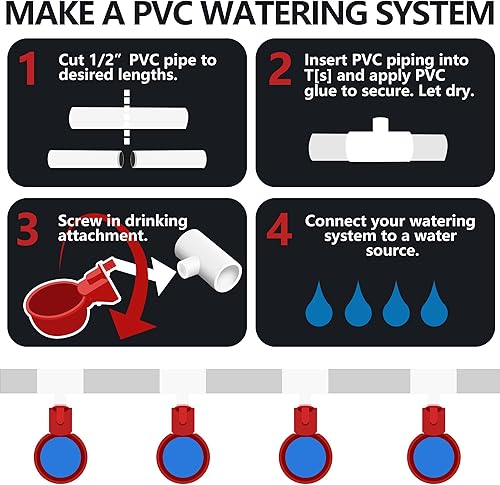 Miniatura 6 de Paquete de 12 bebederos de pollo, taza automática de agua de pollo y accesorios en T de PVC de 12 pulgada, tazas grandes de llenado automático para