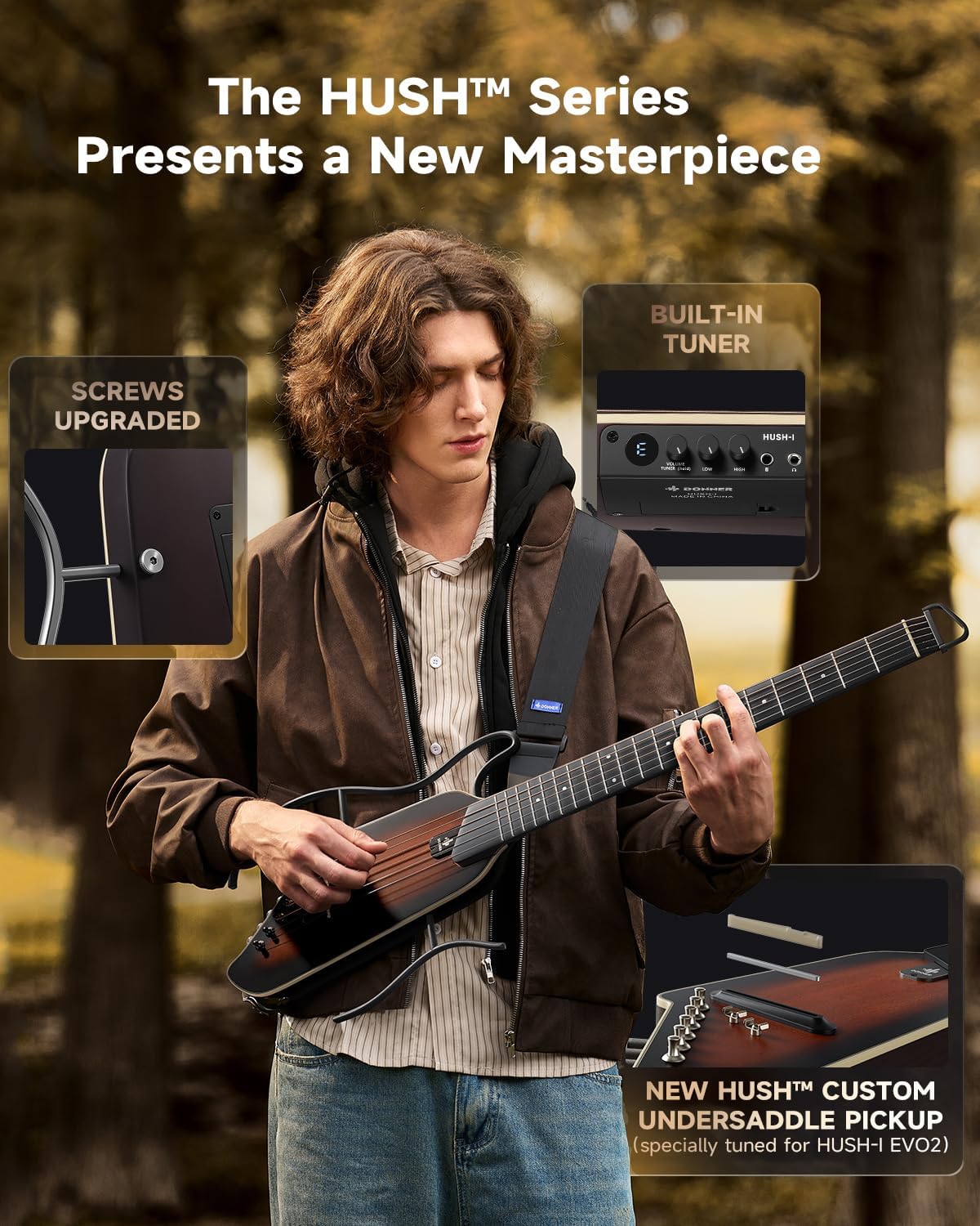 Donner HUSH-I EVO2 Acoustic Electric Travel Guitar – Portable Headless Quiet Practice Guitar, Ultra-Light, Mahogany Body with Built-in Tuner, Detachable Stands & Headphone Jack - Sunburst