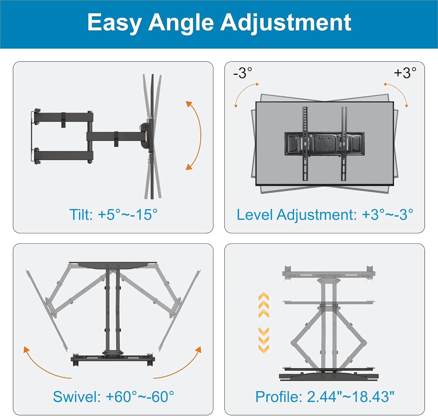 32-70" Full Motion TV Mount, Low Profile Slim Universal Monitor Wall Mount TV Bracket for 40",42",48",50",55",65" and 70" Flat Curved OLED LCD LED 4K TV, UP to 88lbs, VESA 400x400mm 16”,18”Stud