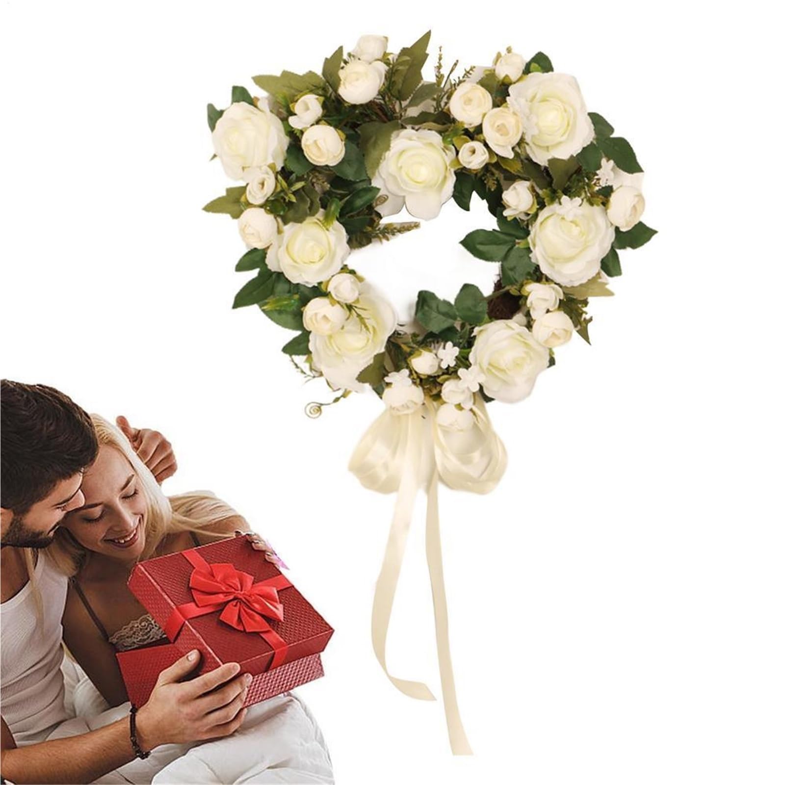 Couronne pour Porte Couronne de Roses la Saint-Valentin Printemps Florale 15,7 Pouces avec Rose Panneau Porte d'entrée Artificielle