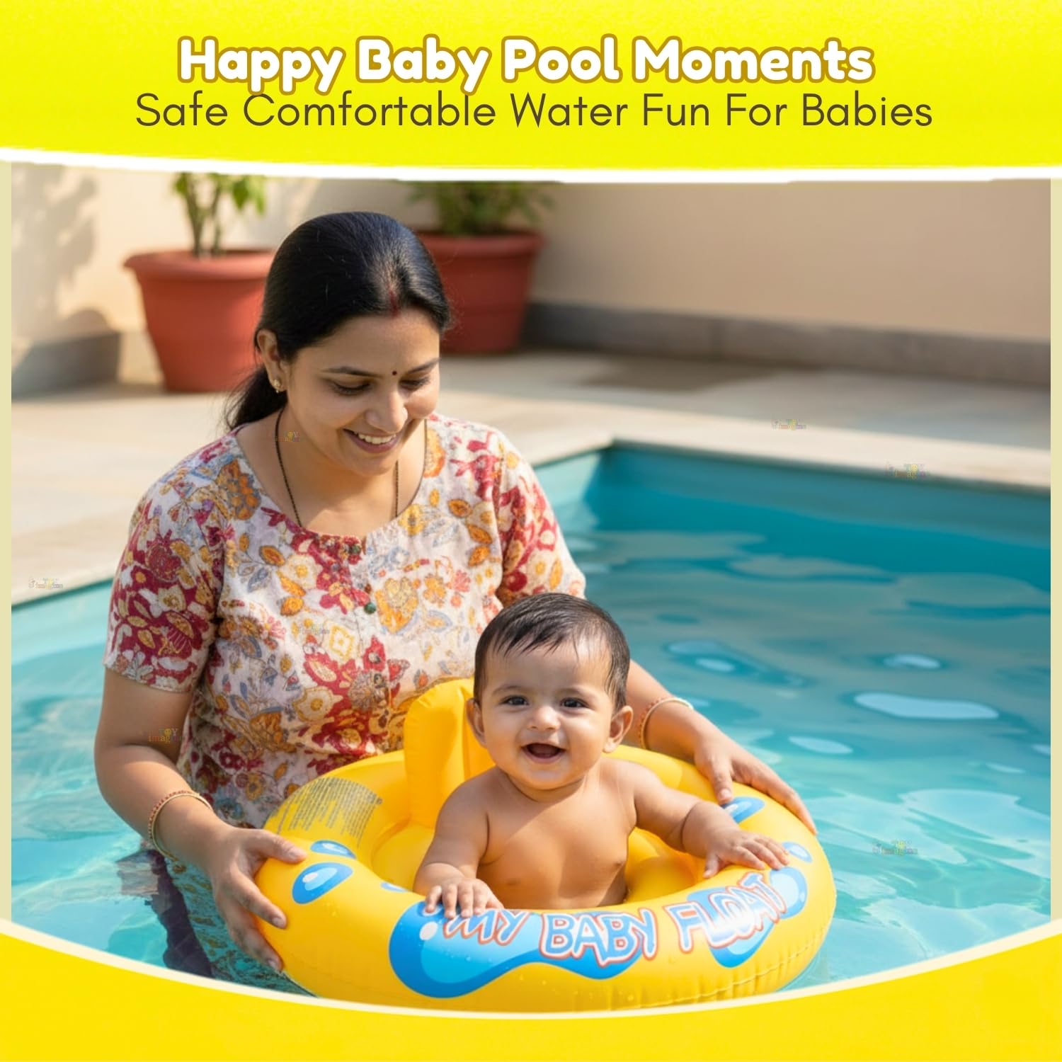 Toy Imagine 26.5"(67 cm) Inflatable Baby Swim Ring with Small Inner Ring Safe Swimming Tube for Kids Anti-Flip PVC Tube,Yellow Saddle-Seat with Leg Holes For Infants 6-24 Months,Baby Pool Swim Trainer 1
