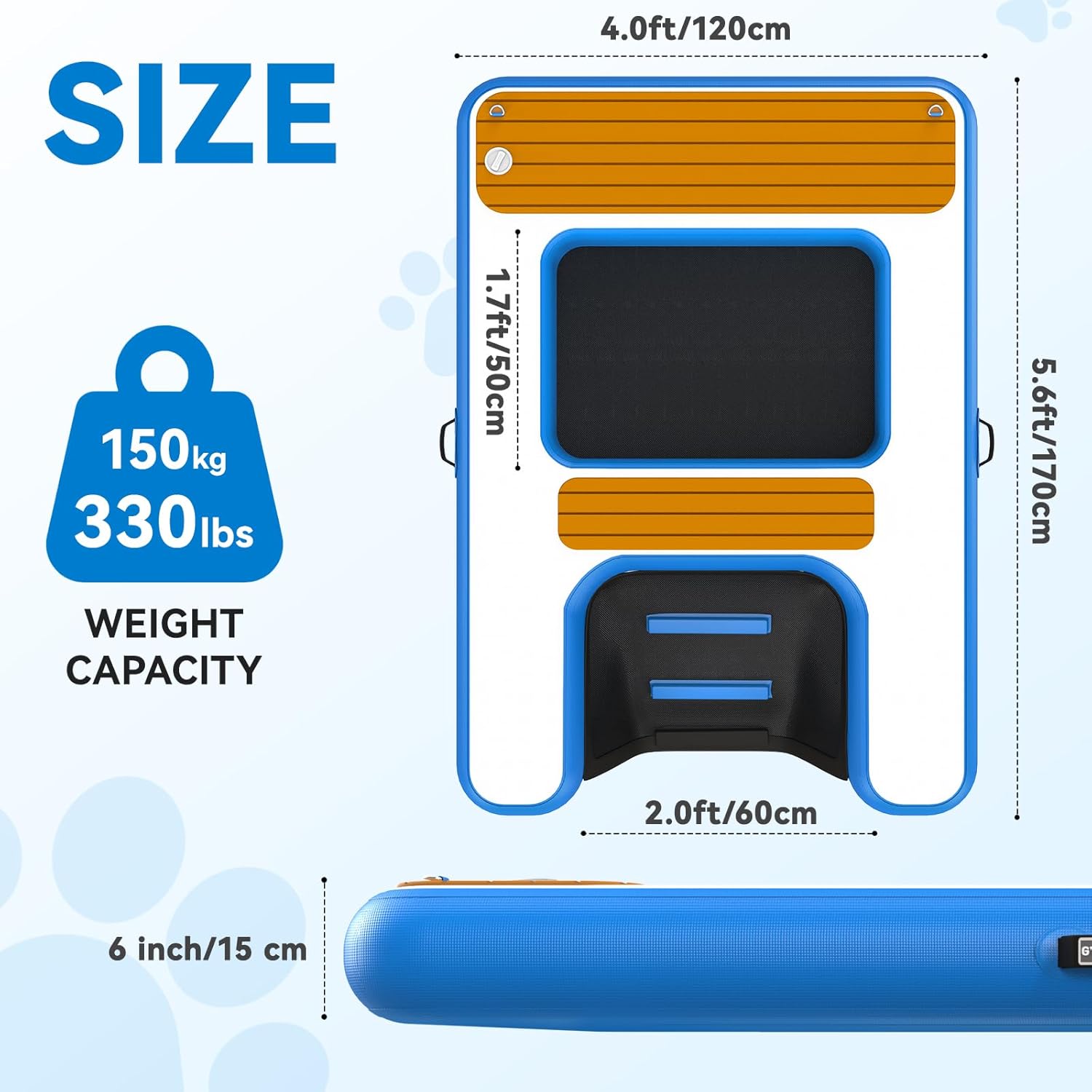 Large Dog Dock Ramp with Water Hammock 5.6 * 4ft, Inflatable Dog Water Ramp Platform 6 inch Thickened for Boat Pool Lake Sea, PVC Floating Boat Ramp for Dogs up to 330lbs, Dog Boat Ramp Blue