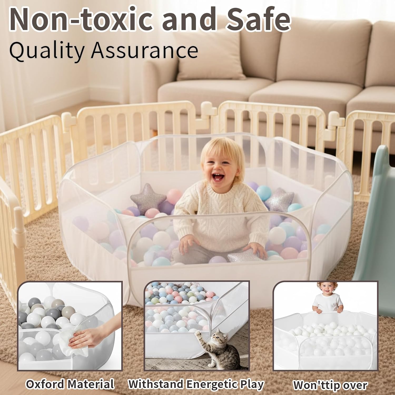 Foldable Ball Pit for Toddlers, Large Pop Up Ball Pits Kids Play Tent Crawl Playpen Ball Pool Playhouse Playpen with Storage Bag, for Boys Girls Dogs Cats Ferrets Indoor Outdoor, White