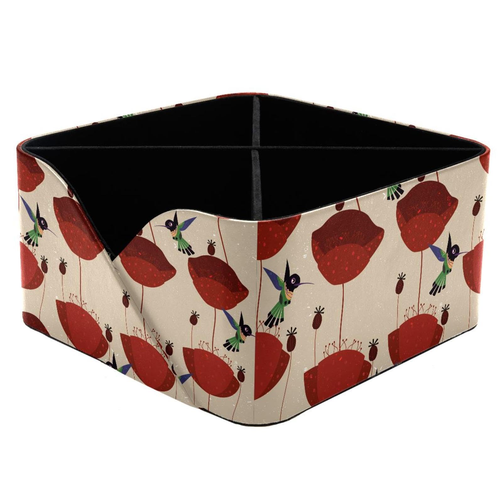KengjuTesu Red Poppy Hummingbird Pattern Desktop Organizer Pen Holder, Rectangular Pencil Cup for Office, Study and Makeup Stations