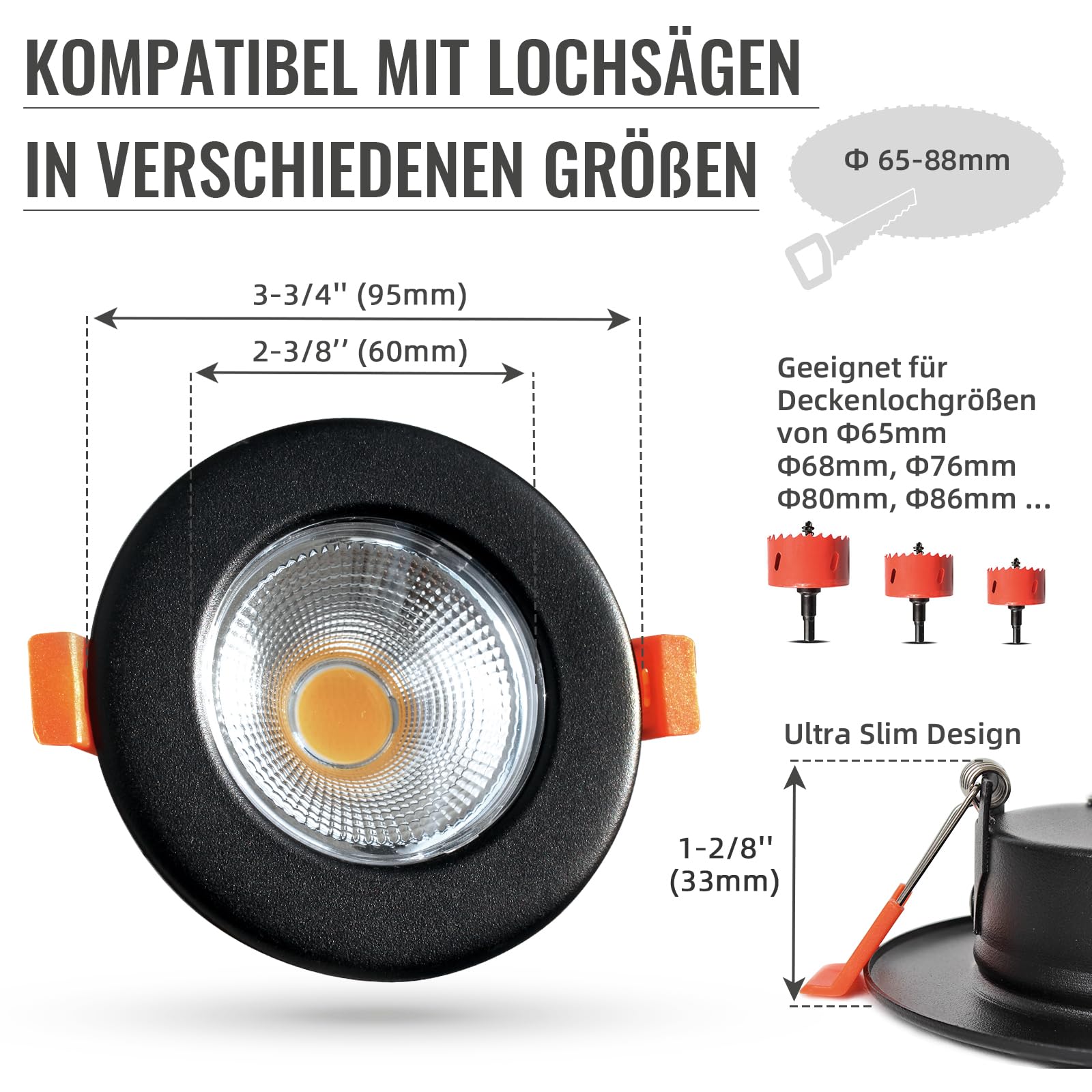 6er LED Einbaustrahler 230V Dimmbar 7W 3000K IP44 Ø65-88mm Schwarz