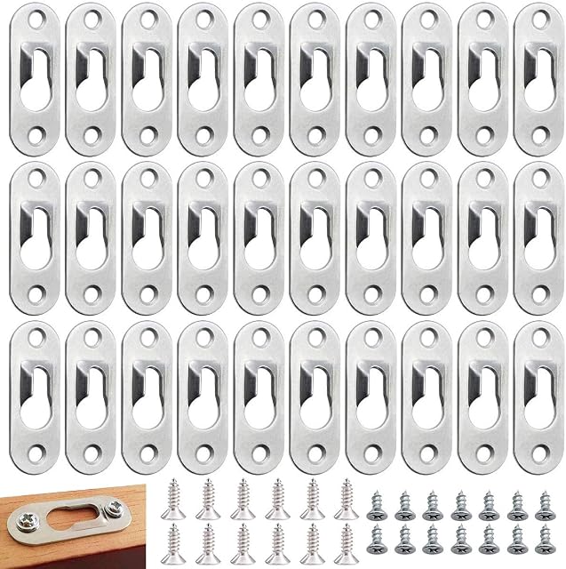Keyhole Hangers,Tianher 100 Pcs Keyhole Hanger Screws Fasteners Metal Mirrors Cabinet Tone Hanging Bracket 45x 16 mm with 200 Screws for Connection Rivet Fittings Picture Frames Hang Wall Indoor.
