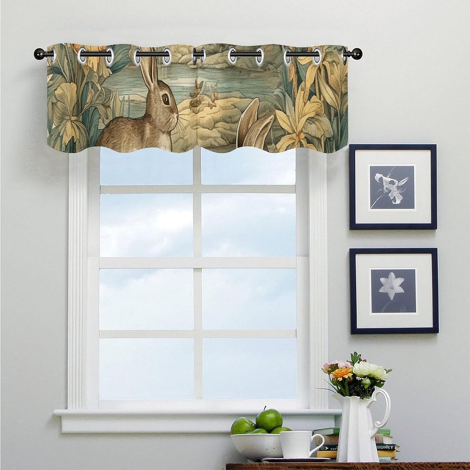 Rabbit Watching Bird Valances for Window 2 Panels. Light Filtering Curtains Farmhouse Short Small Valance.Modern Curtains for Windows Living Room Kitchen Over Sink.