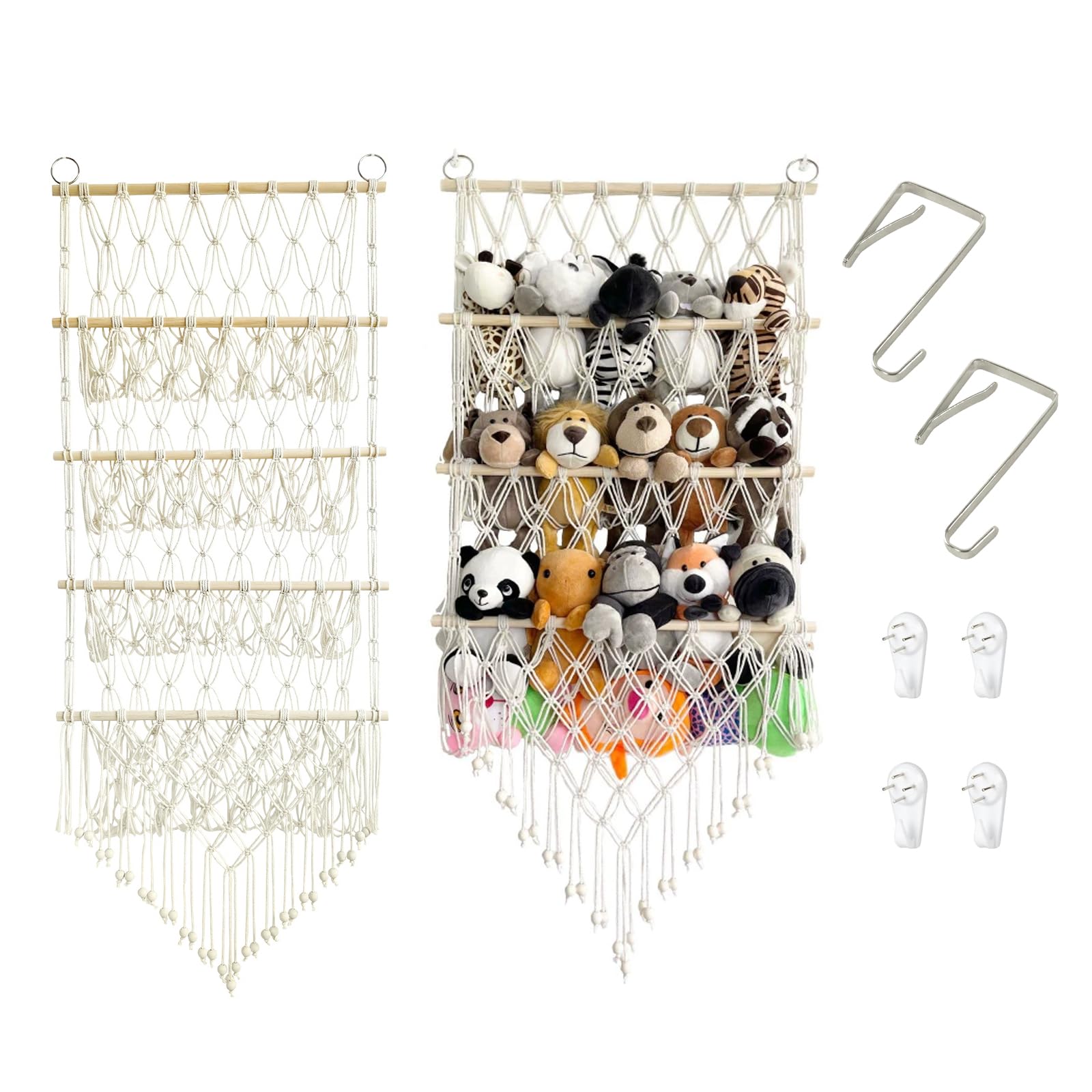 Filet de rangement pour peluches beige pour libérer le sol encombré d'une chambre d'enfant