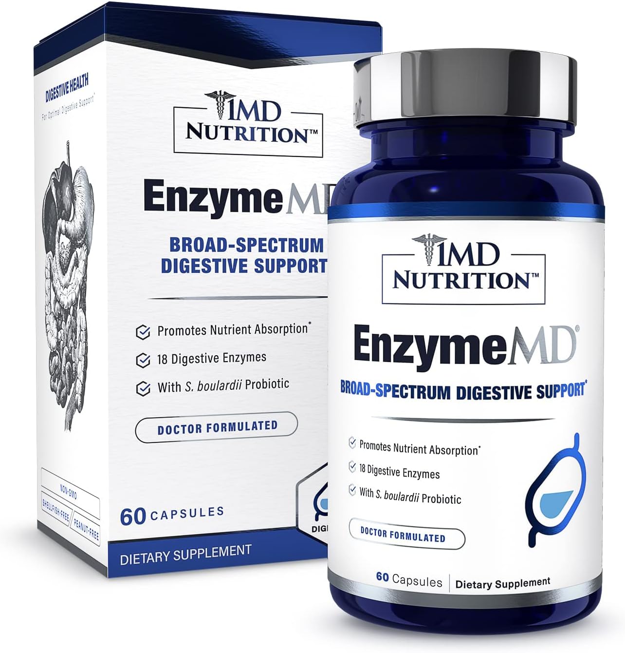 EnzymeMD - Digestive Enzymes Supplement - Doctor Formulated | 18 Plant-Based Enzymes - Gas & Bloating Support | 60 Capsules