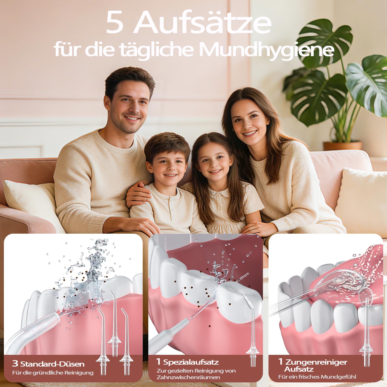 OasiSmile Kabellose Elektrische Munddusche, 4 Modi DIY Druck & 5 Düsen,Rosa