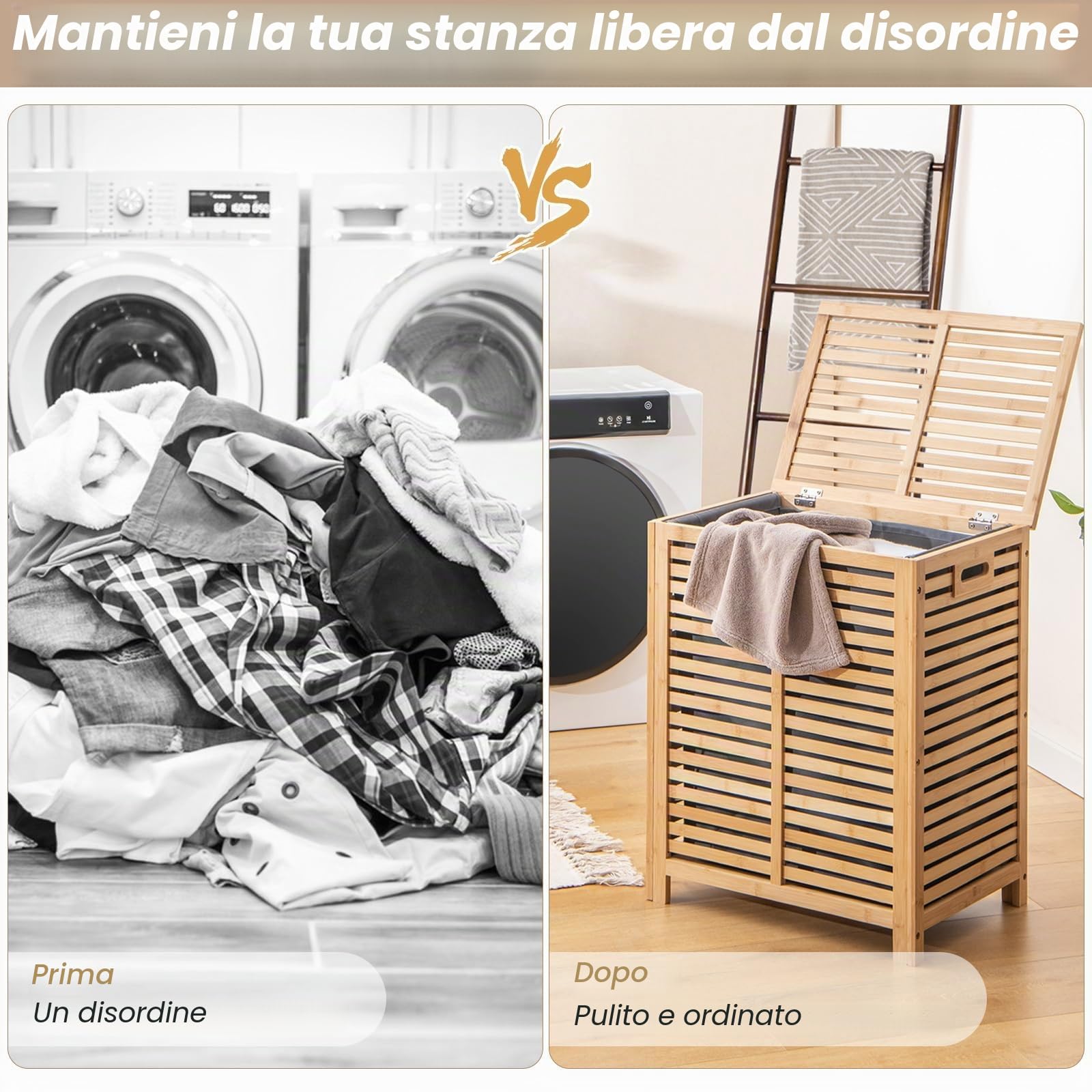 FANTASK Cesto portabiancheria con coperchio, grande, 80 l, in bambù, con sacco per la biancheria, rimovibile e lavabile, per bagno, camera da letto, soggiorno