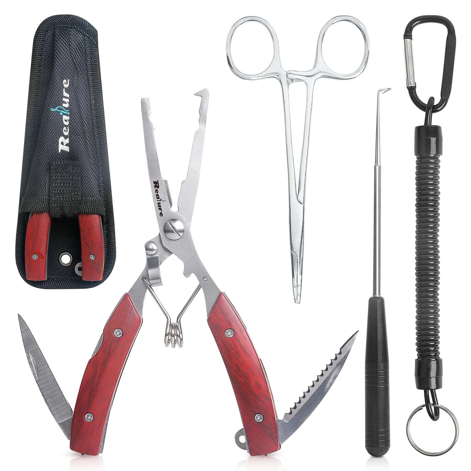 Realure3 Pcs Portable Fishing Pliers Set with Lanyard, Include Curved Fishing Forceps, Disgorger Fishing, Multi Pliers Tool for Hook Remover, Split Ring, Fishing Gift for Men (Red)